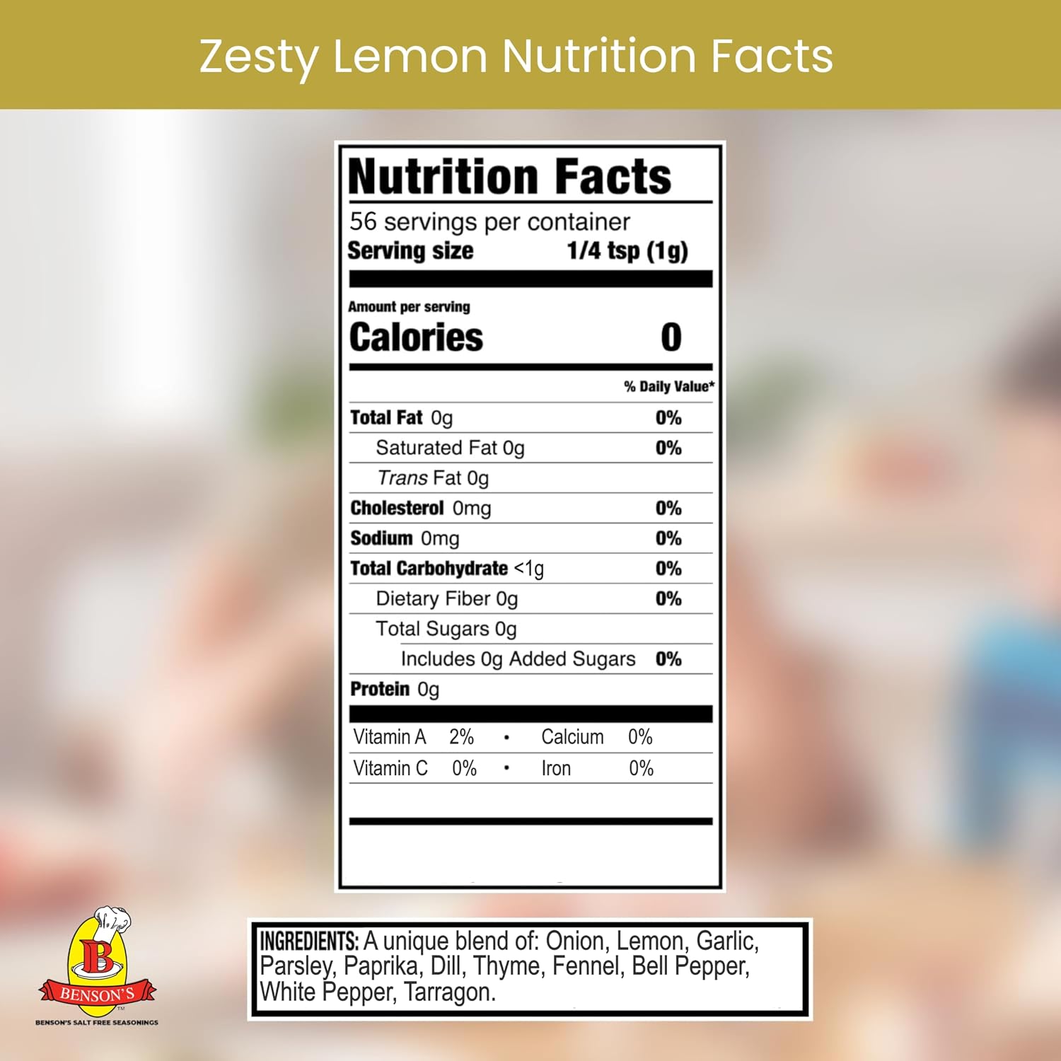 Bensons Zesty Lemon No Salt Seasoning - Sugar-Free, Gluten-Free, No MSG, No Preservatives, No Potassium Chloride - 11 Herb & Spice Salt Substitute Blend, 2 oz Shaker Bottle