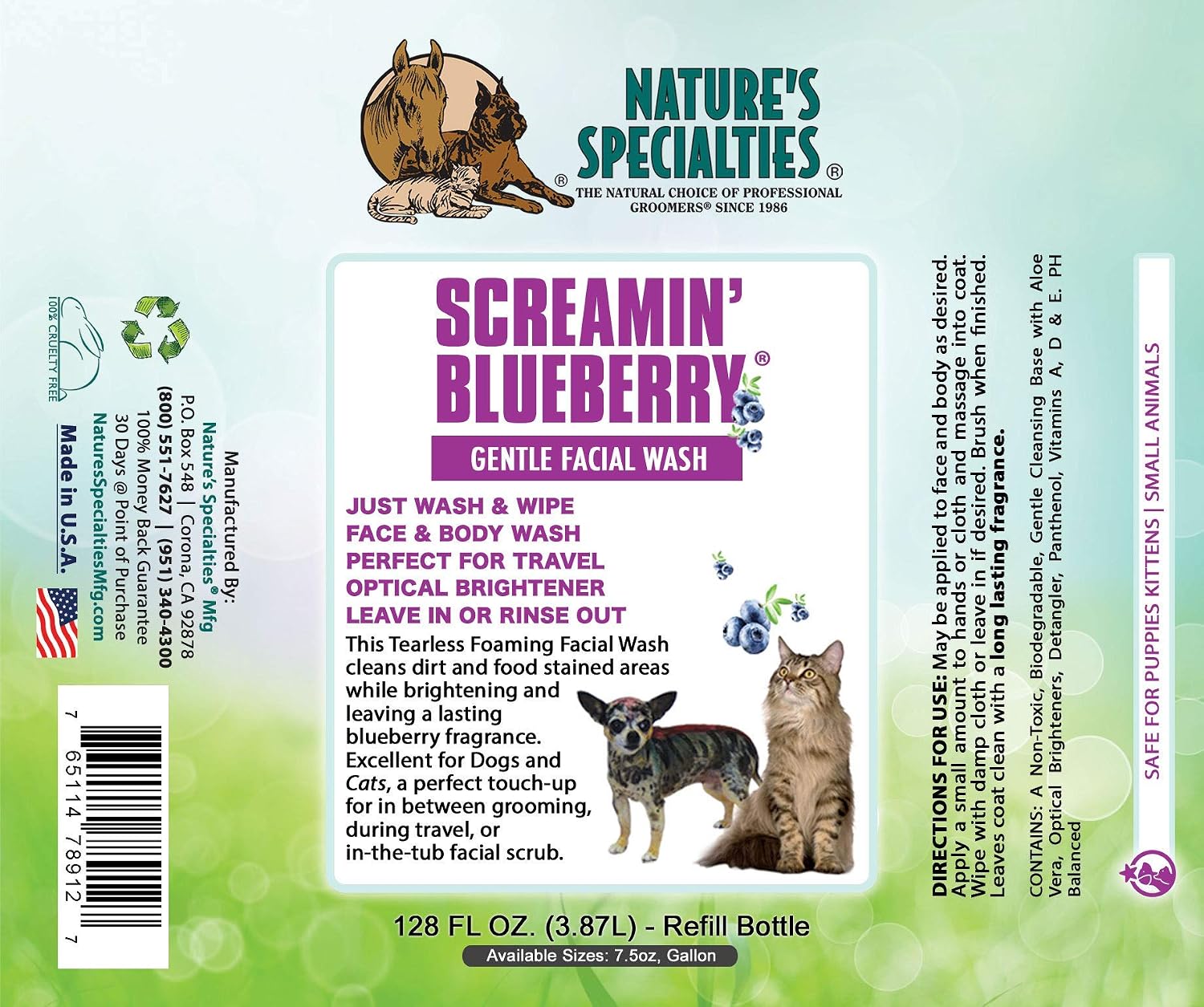 Nature's Specialties Screamin' Blueberry Dog Gentle Facial Wash for Pets, Natural Choice of Professional Groomers, Optical Brightener, Made in USA