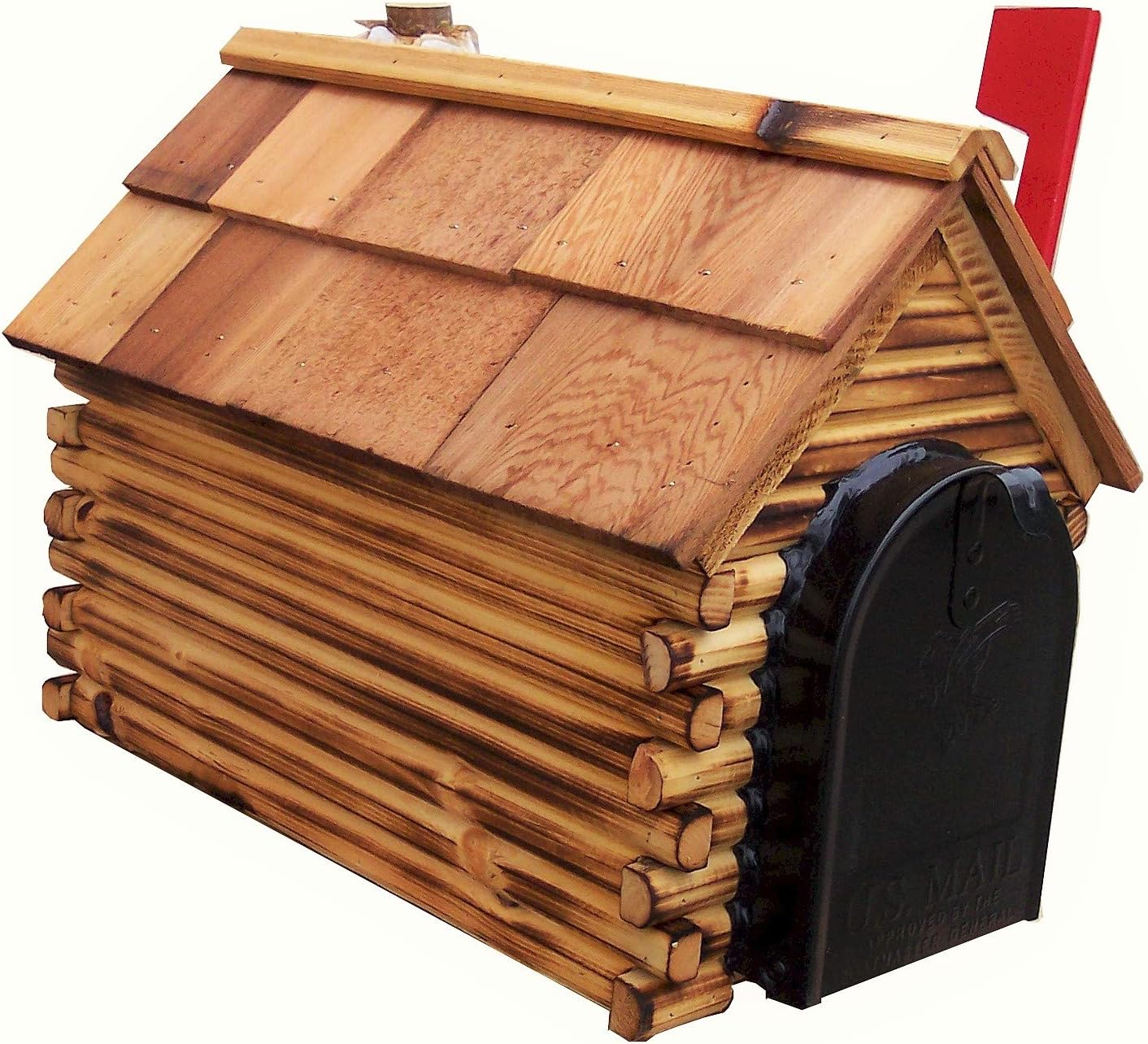 Log Cabin with Stone Chimney Wooden Mailbox Natural Amish Made in USA