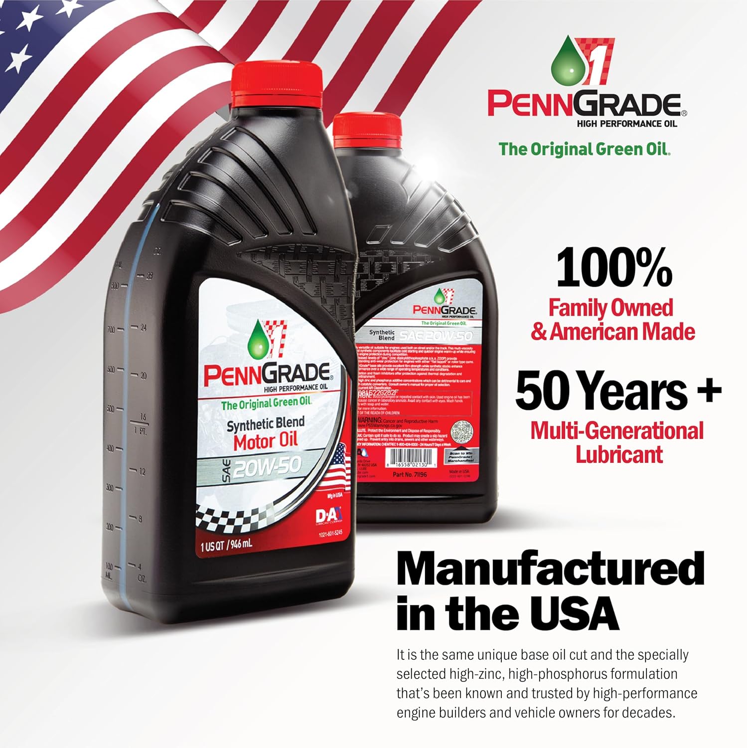 PENN GRADE 1, Synthetic Blend High Performance Oil SAE 20W-50,1 Quart (Twelve Pack)