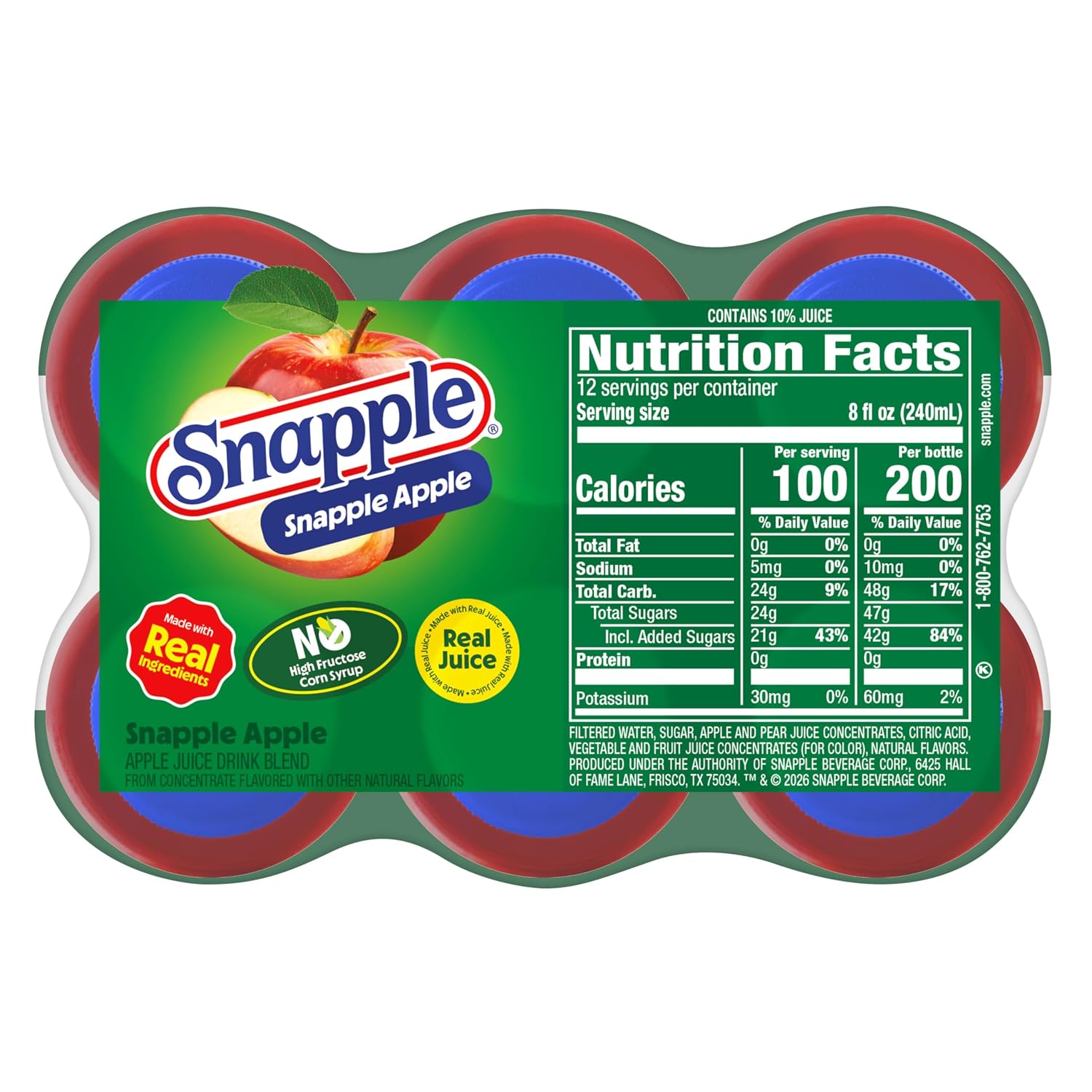 Snapple Apple Juice Drink, 16 Fl Oz Recycled Plastic Bottle, All Natural, No Artificial Flavors Or Sweeteners, Gluten-free, Contains 10% Real Juice 12 Pack