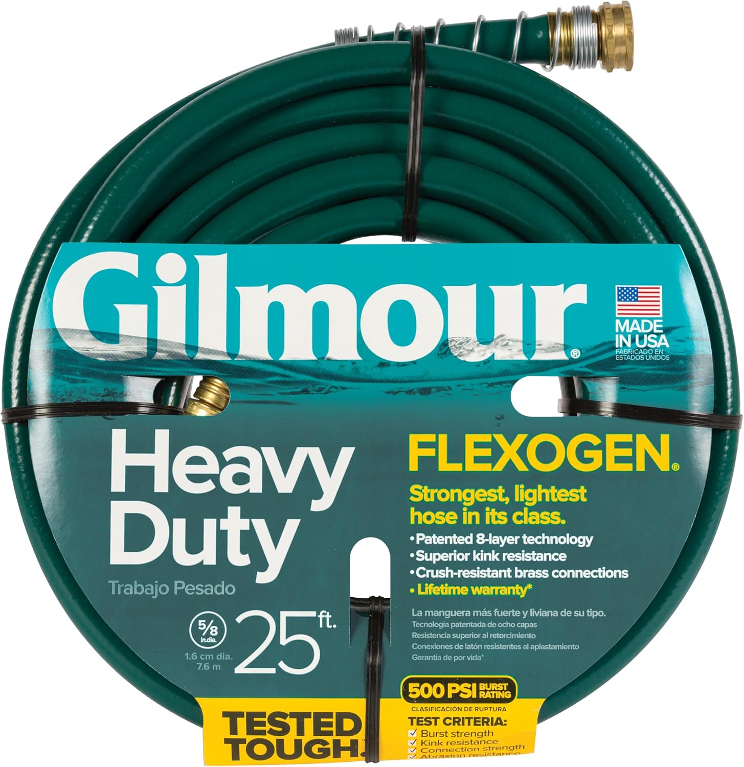 Gilmour 864751-1001 75ft Heavy Duty Flexogen Garden Hose, 5/8" Diameter | Heavy Duty Build, 500 PSI, Kink-Resistant Layers, Brass Fittings, All-Weather Durability, Made in USA