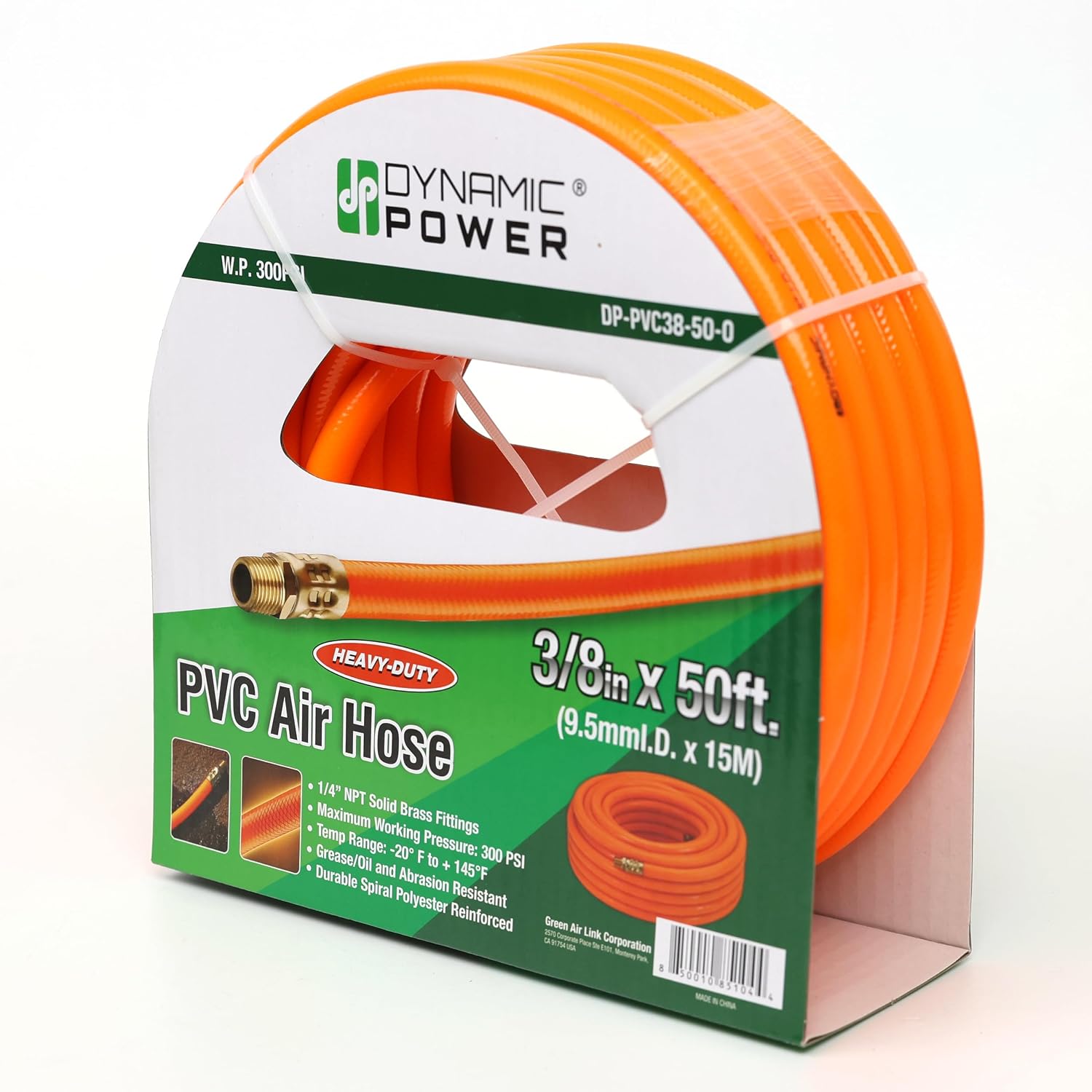 DYNAMIC POWER 3/8-Inch x 50ft Heavy-Duty Air Hose, Reinforced PVC Hose with Brass Fittings (300 PSI)…
