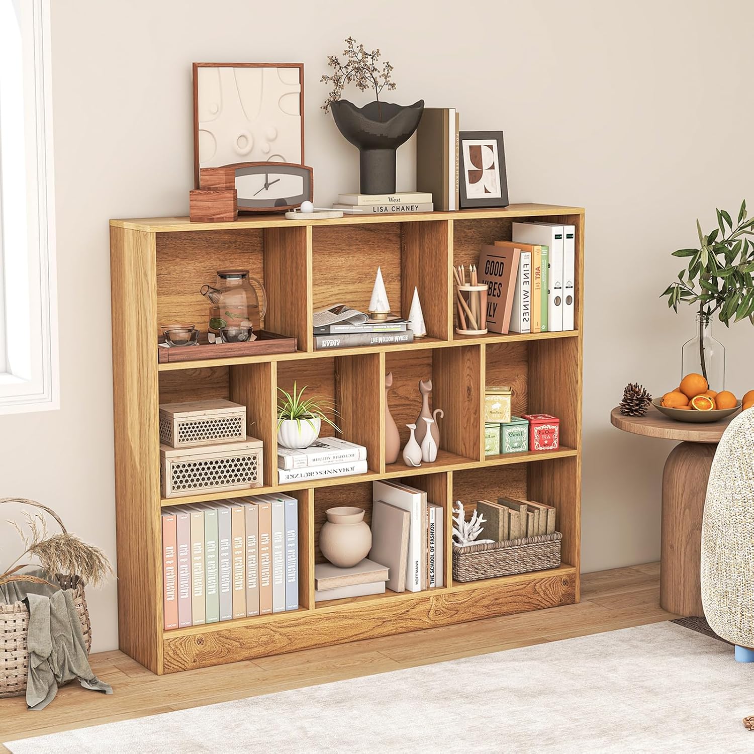 Giantex 8-Cube Bookcase, 3-Tier Cubby Bookshelf, Horizontal Vertical Display Rack with Anti-Tipping Kits, Modern Storage Organizer Shelf Unit for Bedroom, Living Room, Study (Natural, 8-Cube)