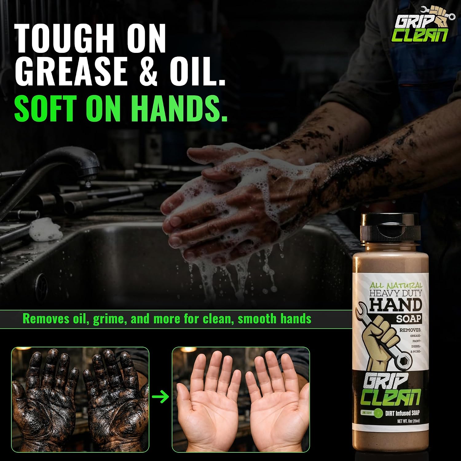 Grip Clean Heavy Duty Hand Cleaner For Mechanics, Natural Pumice, 64 Oz | Clay Infused, Grease, Oil, Grime Remover, Moisturizing Coconut Olive Oils, Lime Scent, For Shop, Garage, Industrial Use