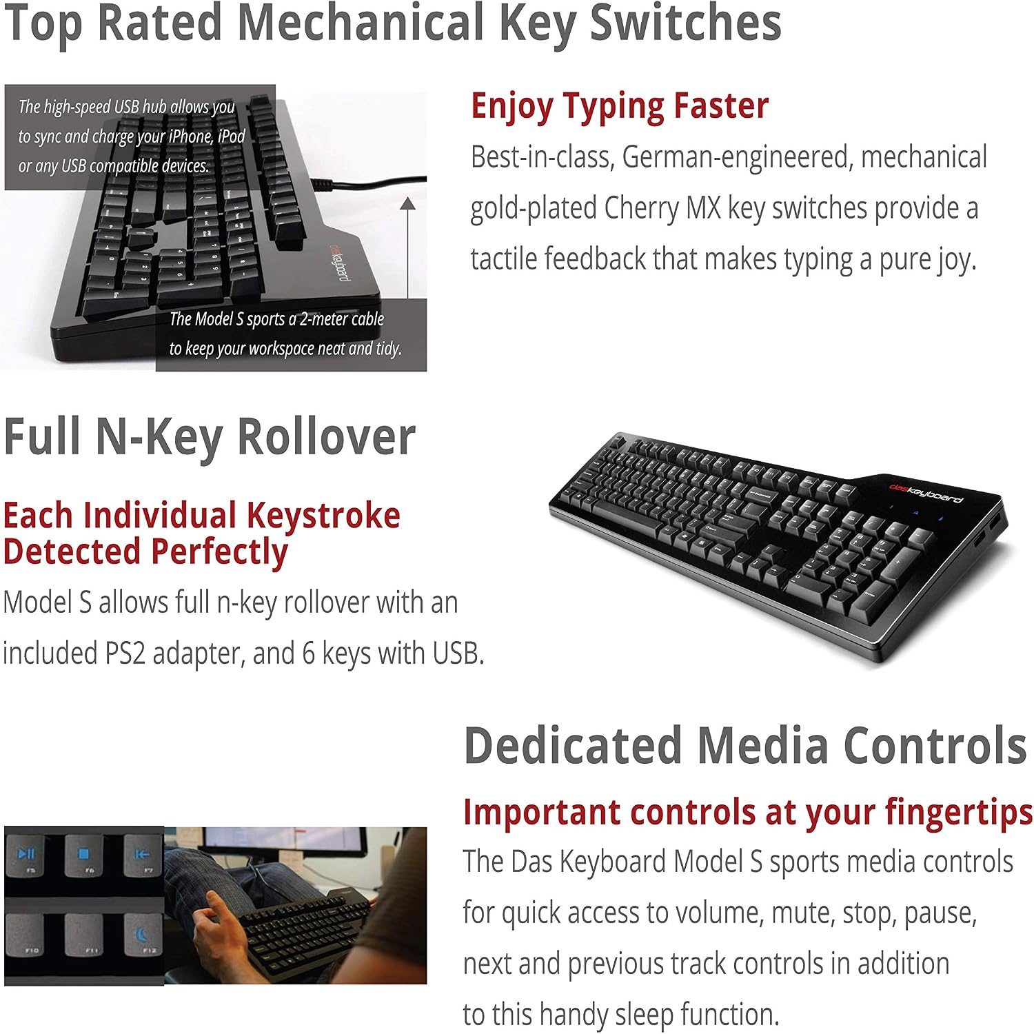 Das Keyboard 4 Professional Wired Mechanical Keyboard, Cherry MX Brown Mechanical Switches, 2-Port USB 3.0 Hub, Volume Knob, Aluminum Top (104 Keys, Black)