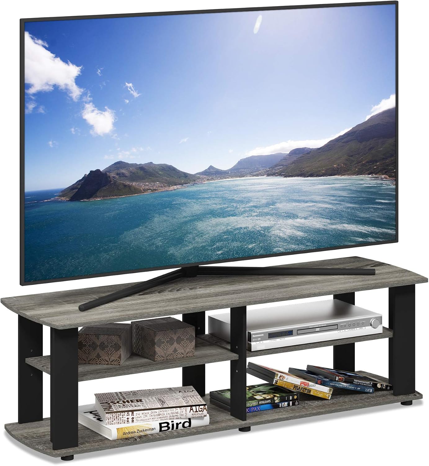 Furinno Nelly TV Stand, 3-Tier Entertainment Center with Open Shelves Storage, TV Console for TV up to 55 Inch, Soft Edges, for Living Room, Bedroom, Black