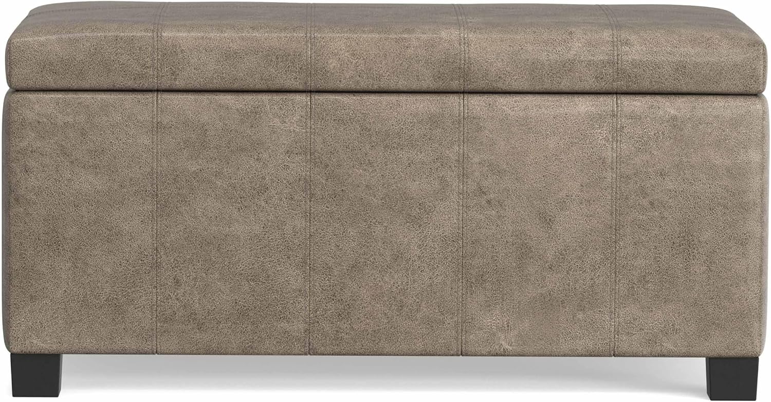 SIMPLIHOME Dover 36" Wide Vegan Leather Storage Ottoman in Midnight Black | Distressed umber brown, contemporary ottoman with lift-top and safety hinges; rectangle storage bench for living room.