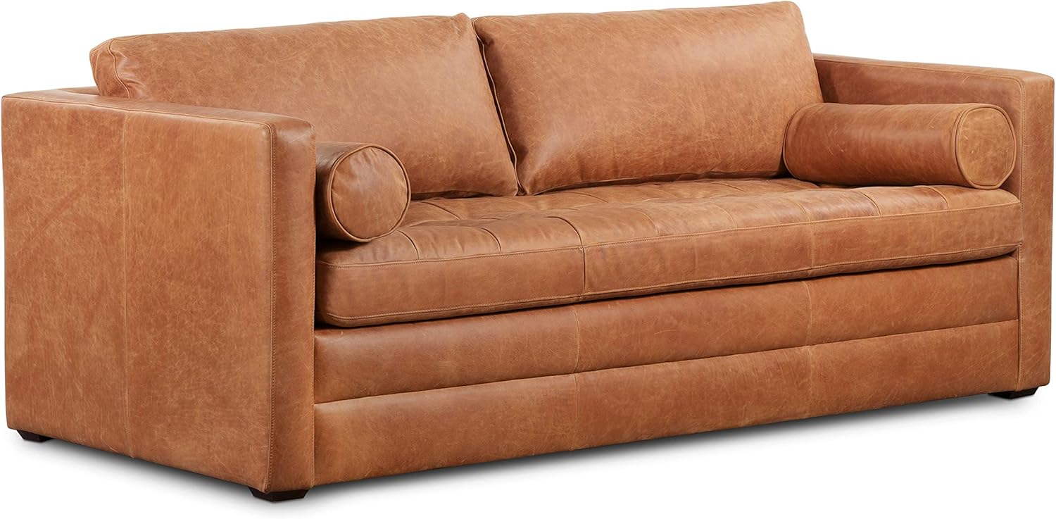 Poly & BARK 55" Tufted Leather Bed Bench for Bedroom End of Bed - Living Room Entry Way Bench - Pure Italian Leather Upholstery with a Solid Wood Frame - Ottoman Bench with Wooden Legs - Cognac Tan