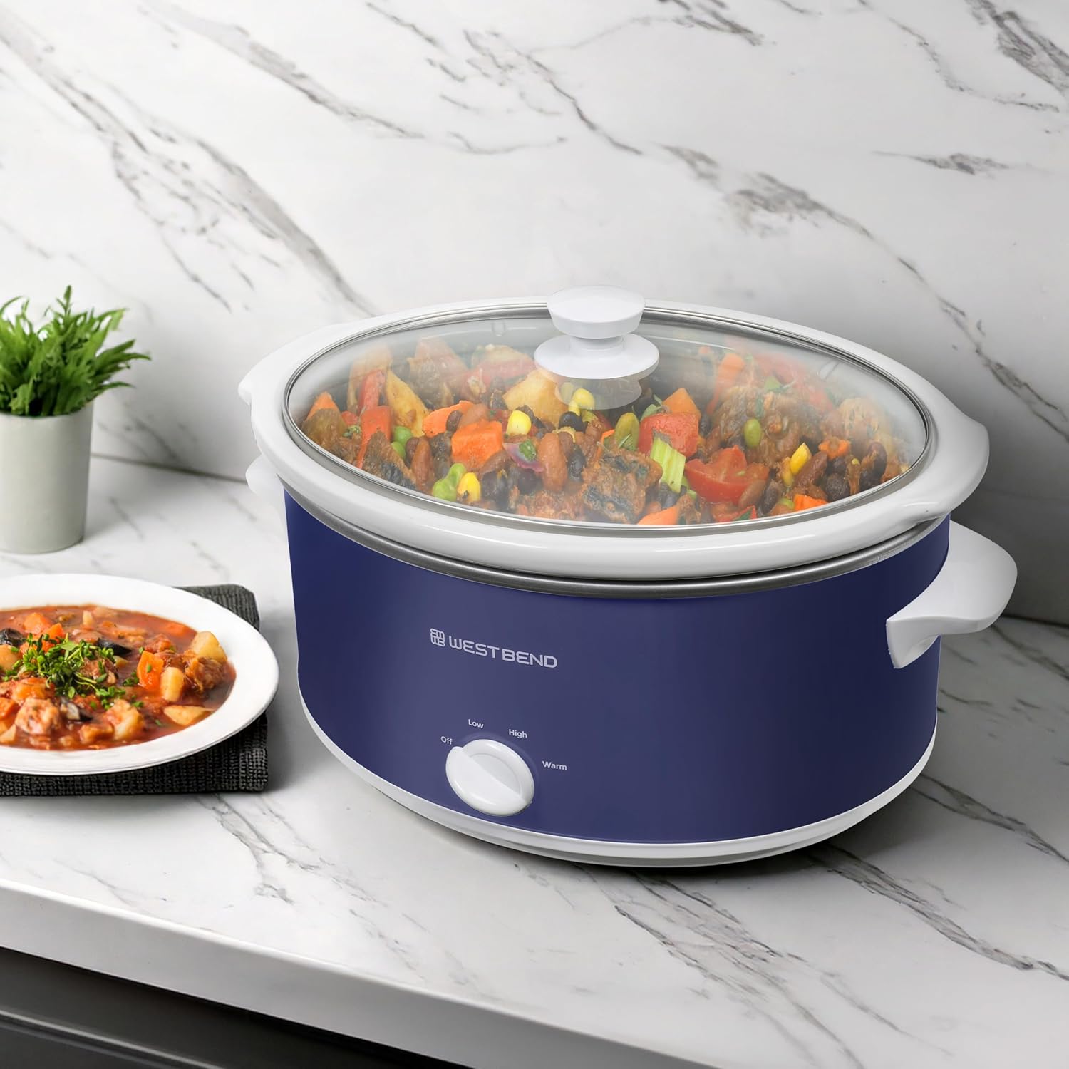 West Bend Slow Cooker 6-Quart Manual Crockery Style with Dishwasher Safe Oval Ceramic Crockpot and Glass Lid Two Temperature Settings Plus Keep Warm, 330-Watts, Black