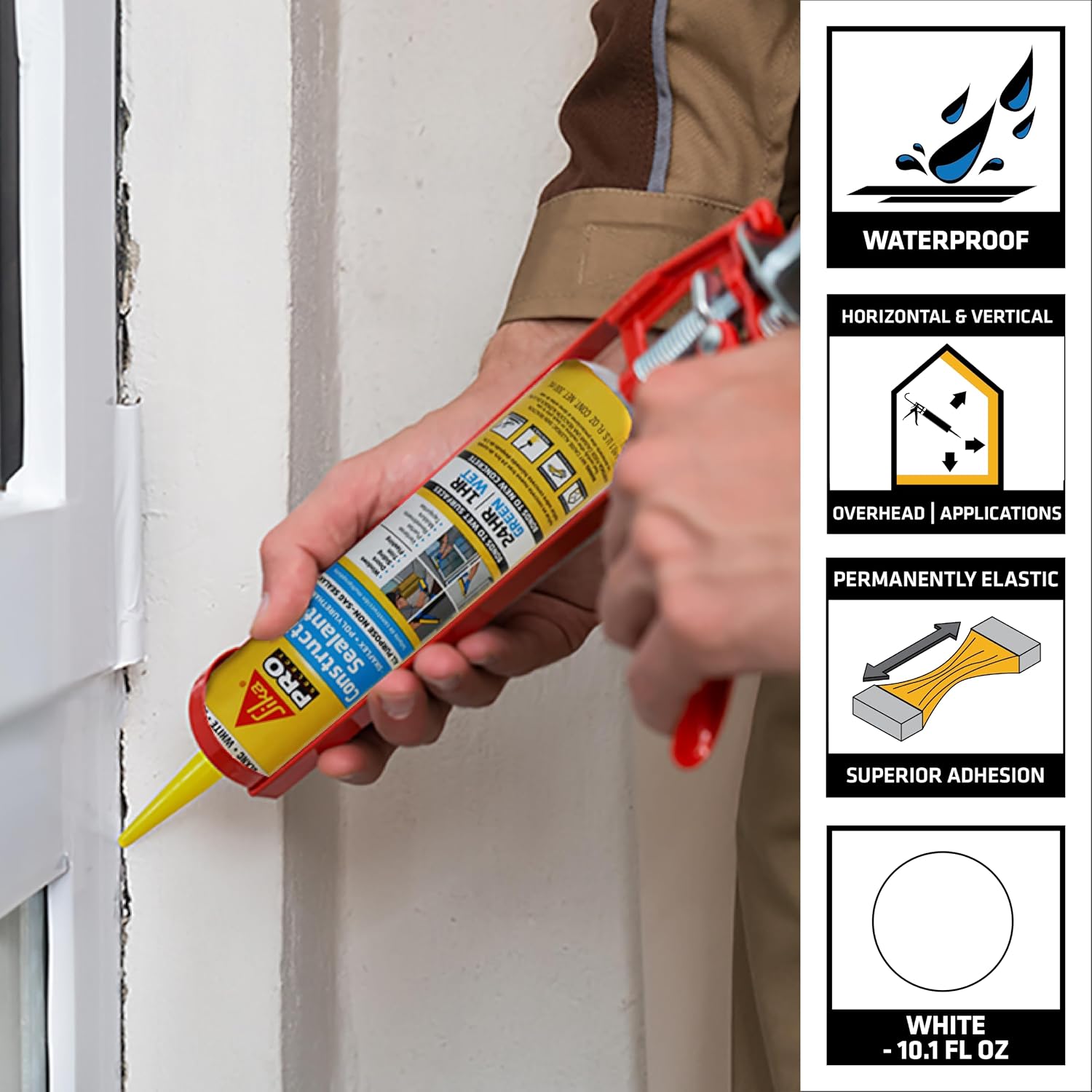 SIKA Sikaflex Construction Sealant - White, All-Purpose Polyurethane for Joints 1/2" or Smaller - 10.1 fl. oz - Weatherproof, High Elasticity, Paintable, Strong Adhesion