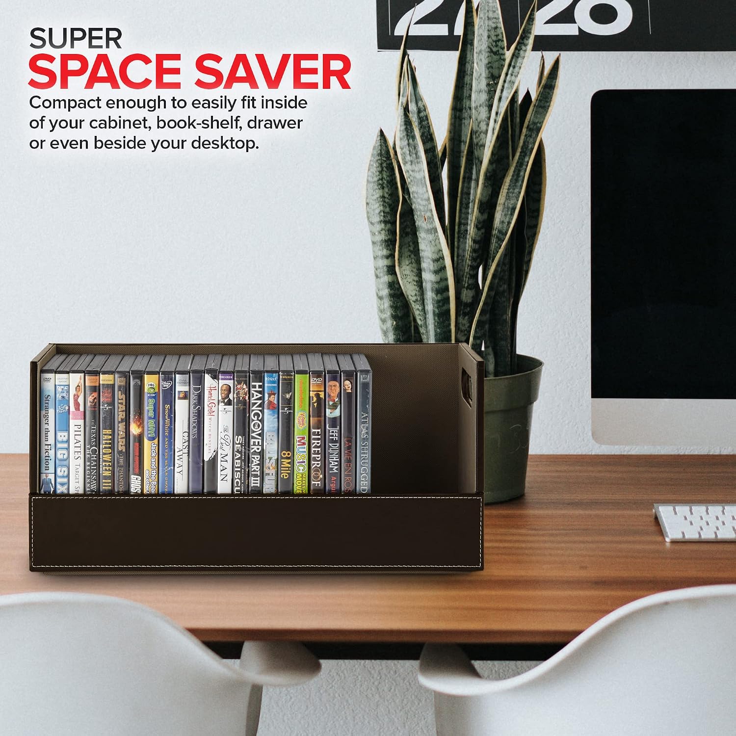 Stock Your Home DVD Storage Box, Movie Shelf Organizer for Blu-Ray, Video Game Cases, CDs, VHS Tape Display Stand, Disc Holder Can Store Up to 28 DVDs, Faux Leather (Espresso)
