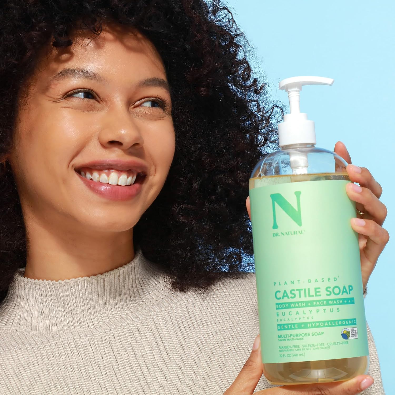 Dr. Natural Castile Liquid Soap - Multi-Use Body Wash, Shampoo and Face Wash - Hydrating Body Soap for Skin, Hair, Pets and Home - Eucalyptus - 32 oz