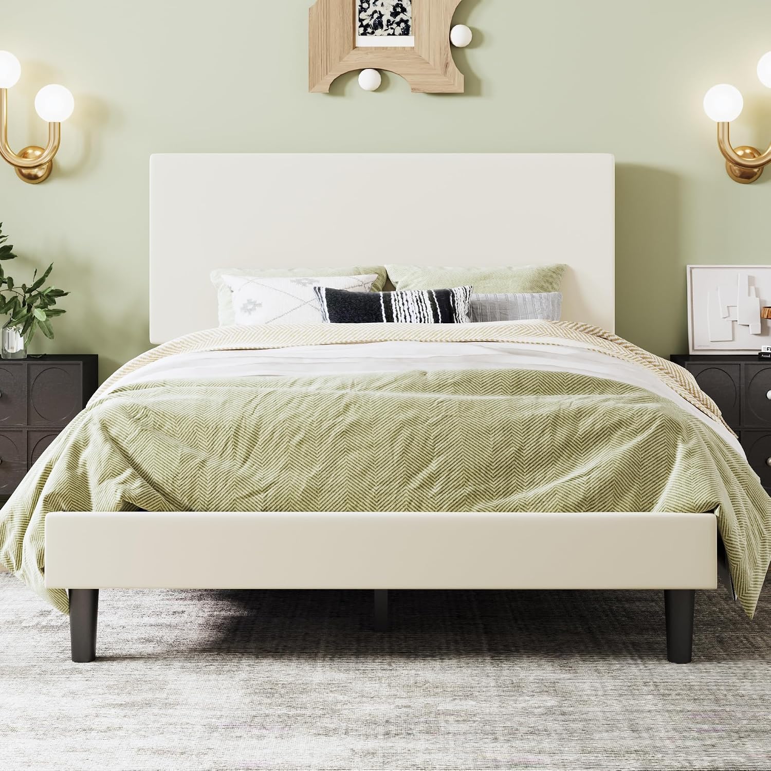 SHA CERLIN Boucle Upholstered Queen Size Bed Frame, White | Platform Bed with Adjustable Headboard, Wooden Slats Support, No Box Spring Needed, Noise-Free, Easy Assembly