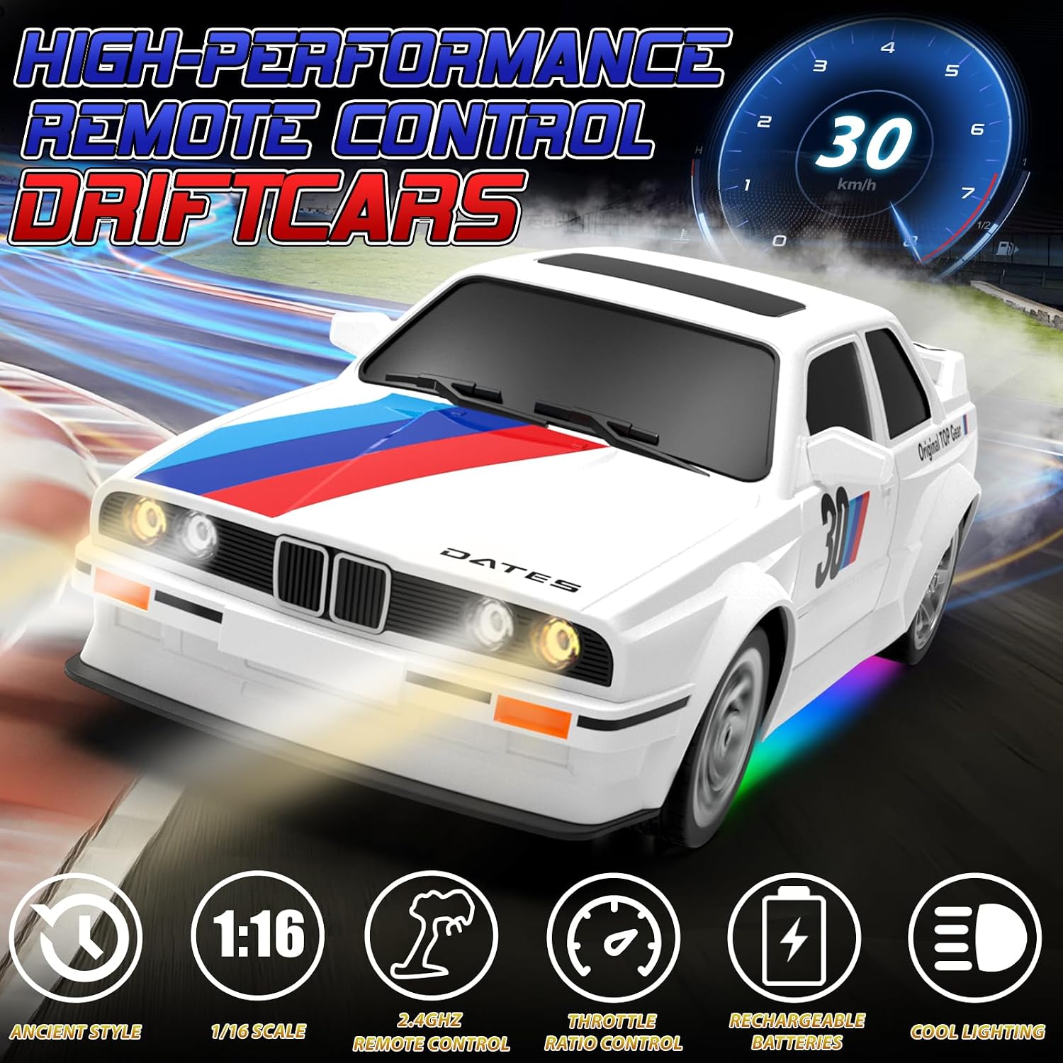 Remote Control Cars 1:16 Scale RC Drift Car 2.4Ghz 30KM/H High Speed 4WD RTR Racing Car with Drift Tires LED Lights 2PCS Rechargeable Batteries RC Sport Cars Toys for Adults Boys Girls Kids Gift