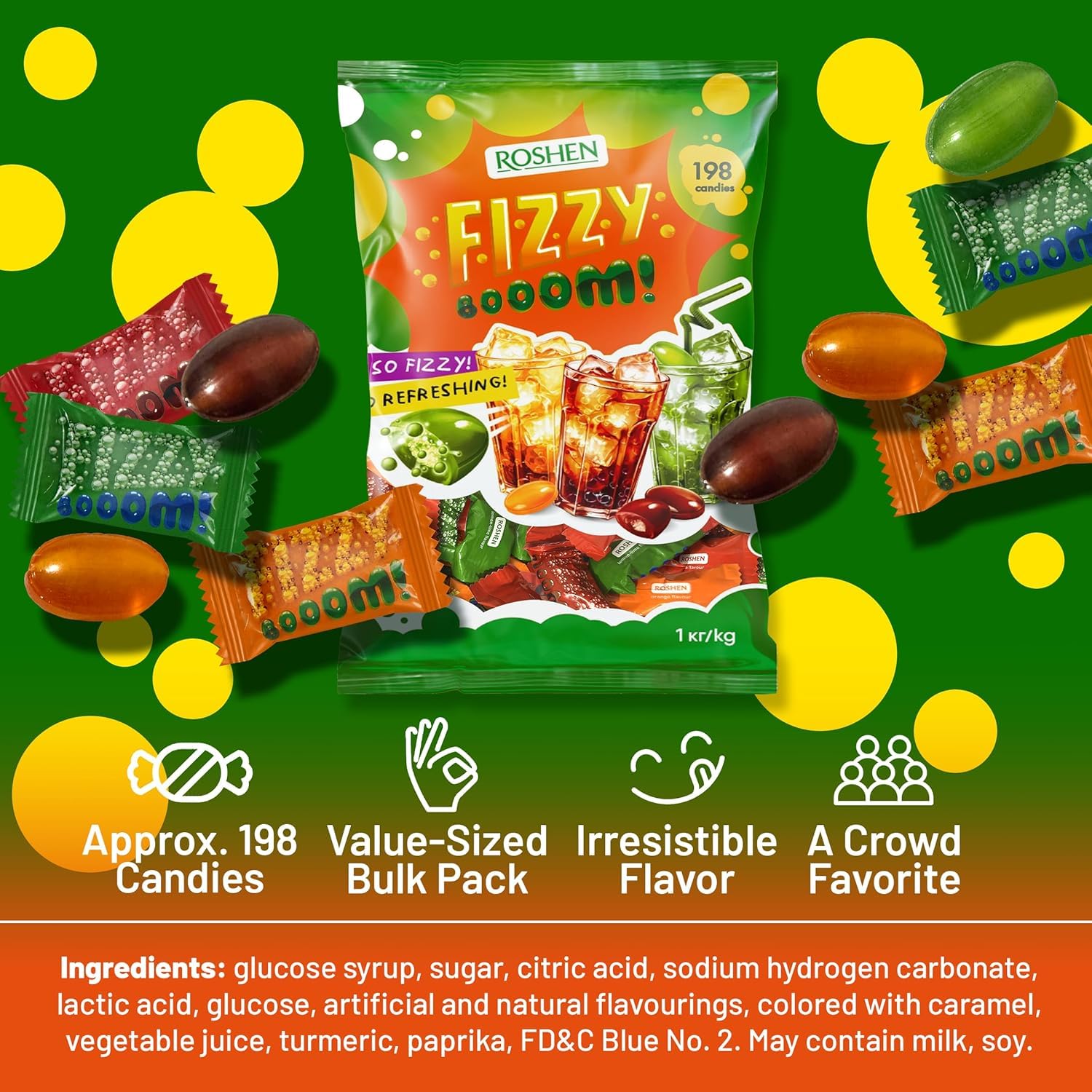 Roshen Citrus Mix Hard Candy – Assorted Fruit Flavors, Individually Wrapped, Bulk 2.2 lbs (1 kg) – Approx. 144 Pieces – Orange