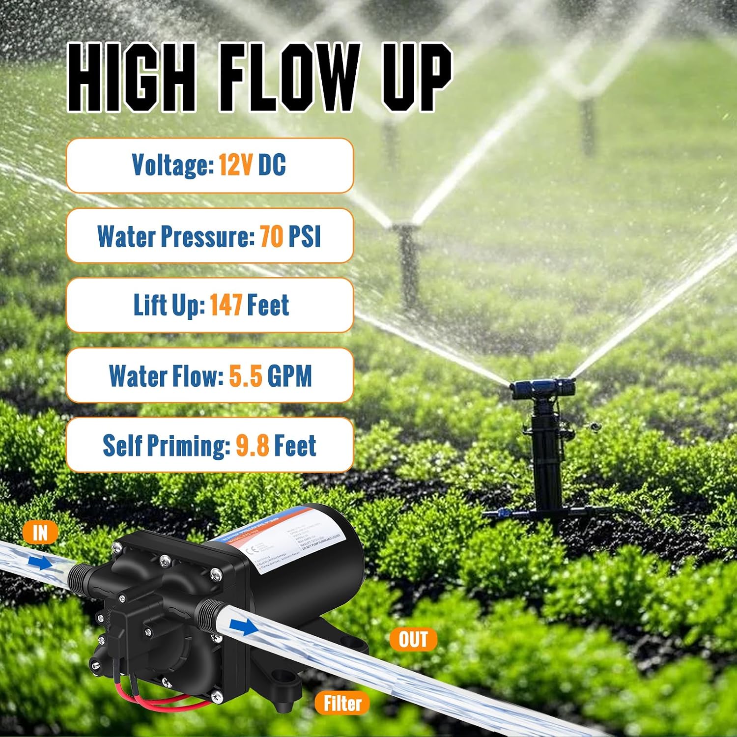 YOUNGTREE 55-Series 110V AC Fresh Water Diaphragm Pump 7GPM 70PSI 110volt 5-Chamber Water Pressure Washdown Pump On Demand with Pressure Switch for Irrigating, Home, Sprinkler, RV, Marine