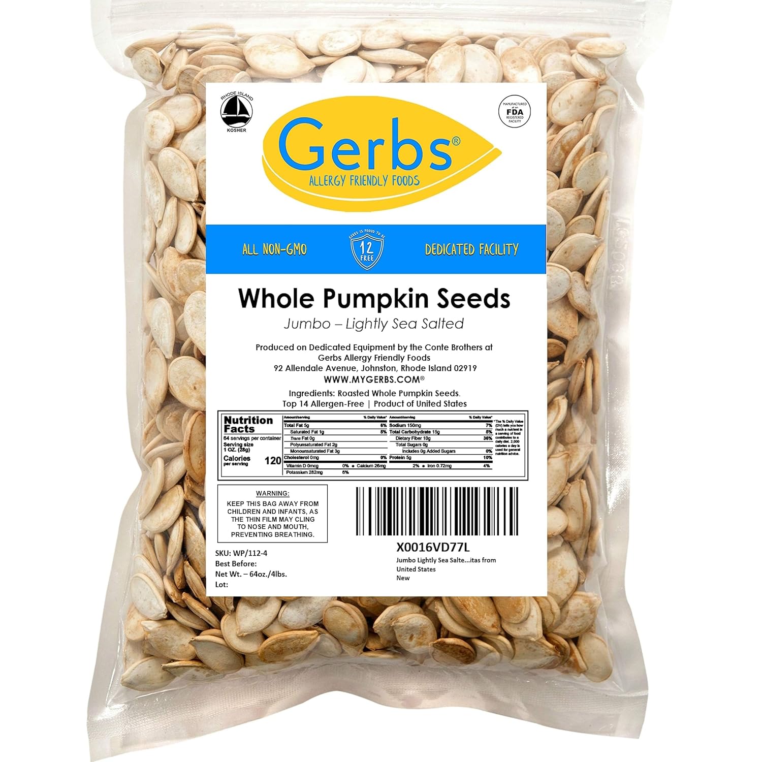 Gerbs Raw Whole Pumpkin Seeds 2 lbs. | In-Shell, 10.5 mm Size, Resealable Bag | Mildly Nutty & Crunchy | Top 14 Allergen-Free