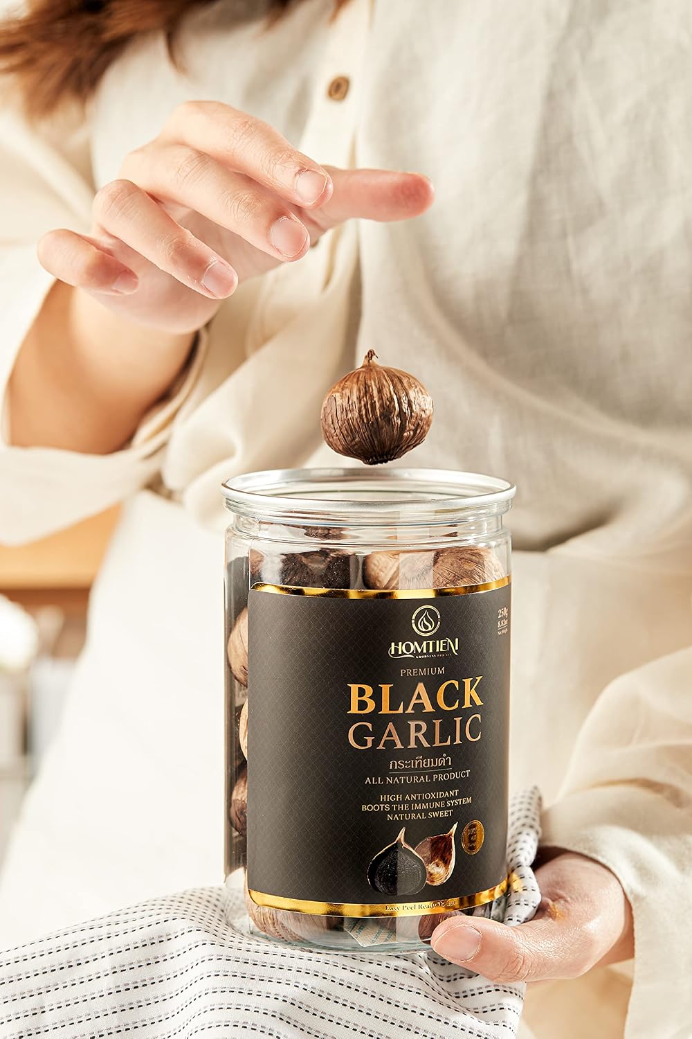 Homtiem Black Garlic Puree 150g. (Made from Solo Black Garlic 100%), Whole Black Garlic Fermented for 90 Days, Non-GMOs, High in Antioxidants
