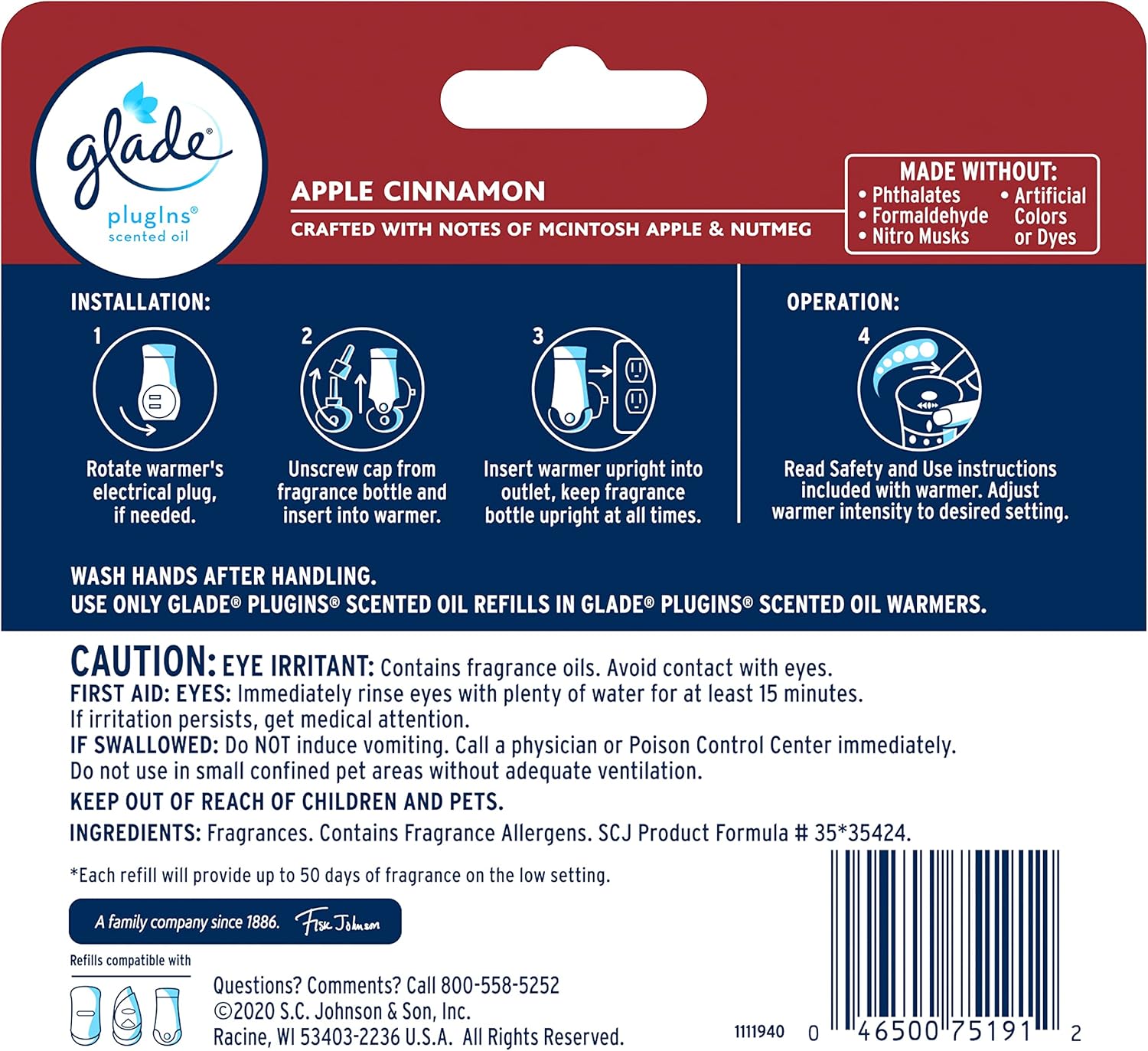 Glade PlugIns Refills Air Freshener, Scented and Essential Oils for Home and Bathroom, Cashmere Woods, 2.01 Fl Oz, 3 Count