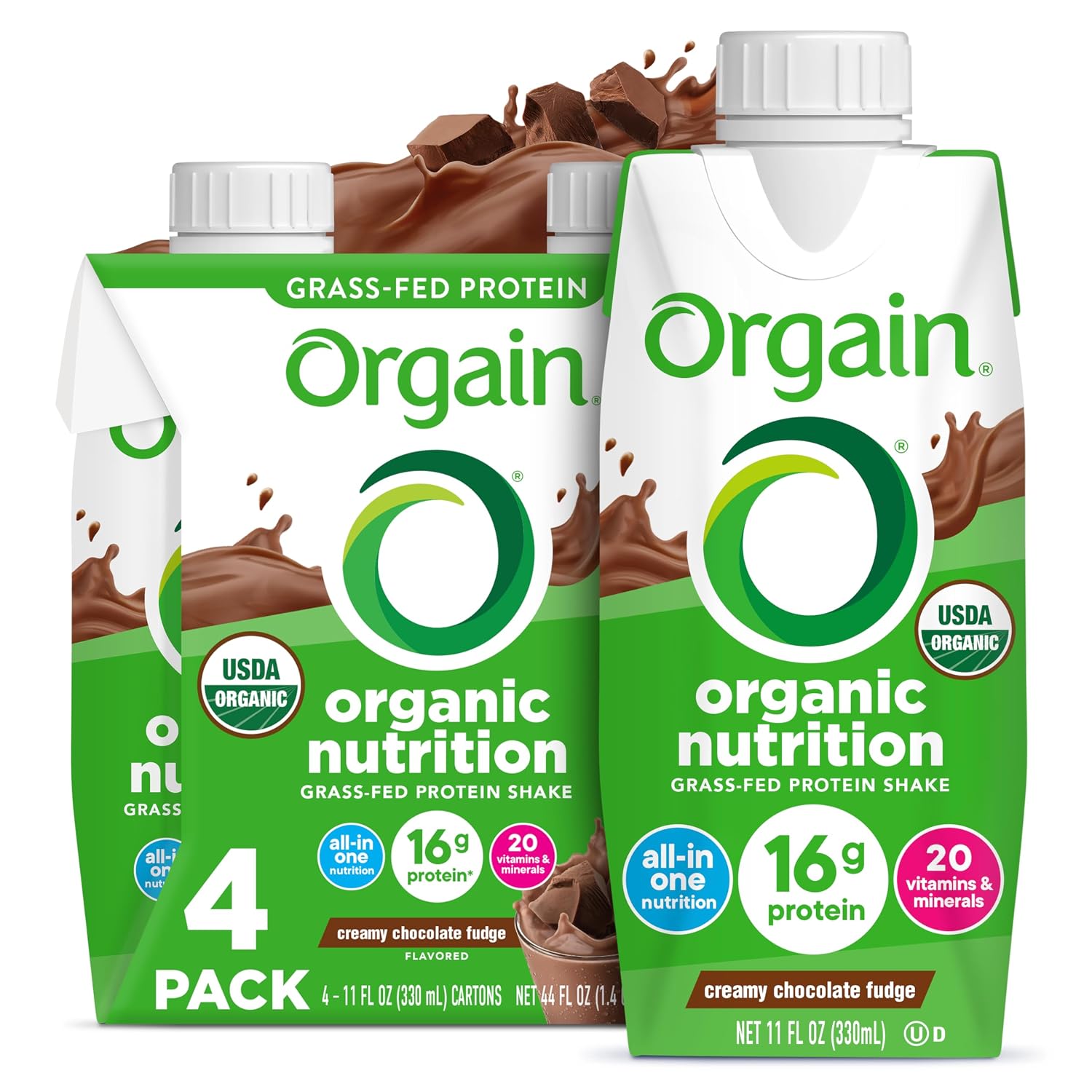Orgain Organic Grass Fed Dairy 16g Protein Shake, Chocolate, 11oz, 4pk | Ready to drink grass-fed dairy protein, meal replacement