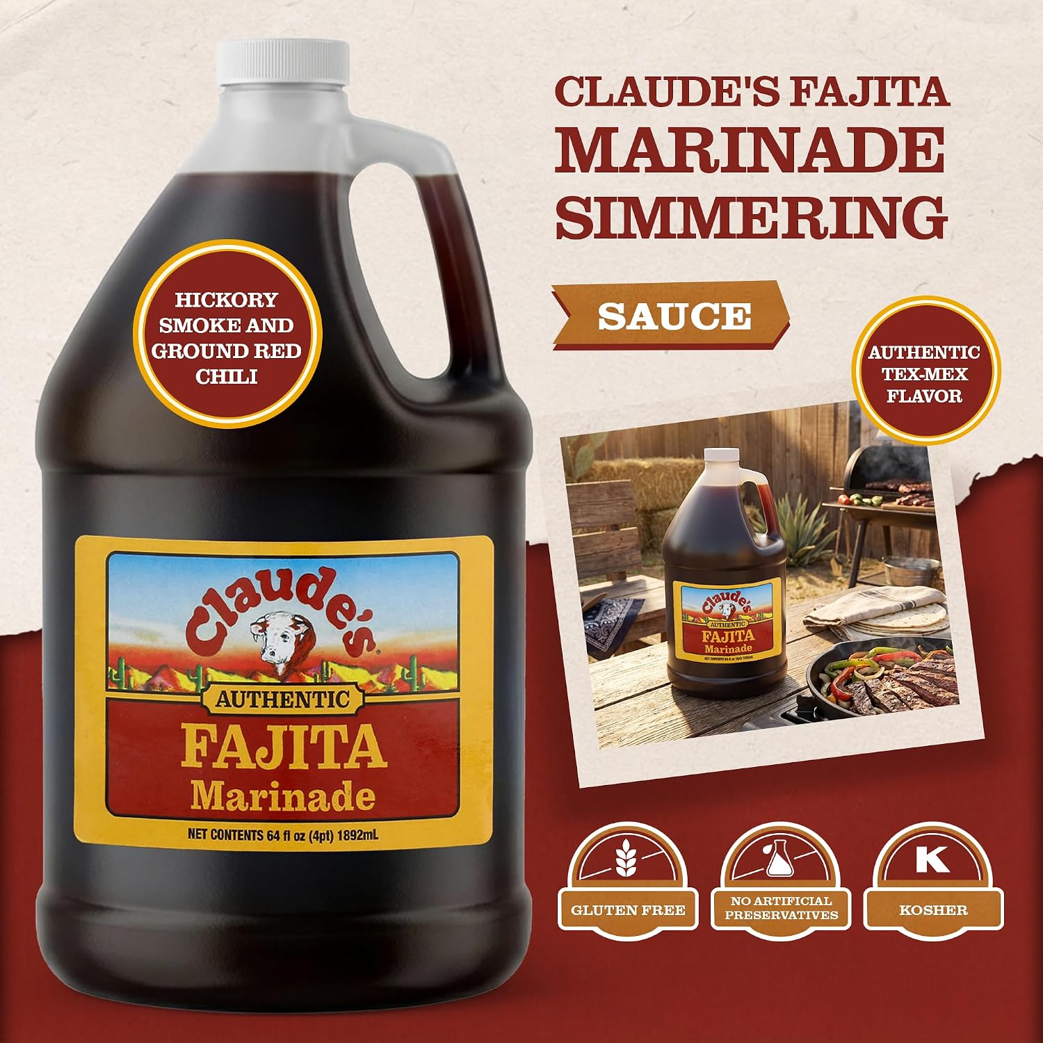 Claude's BBQ Brisket Marinade Sauce, Gluten Free Texas Style, 128 oz | Restaurant-size gallon of smoky Texas tenderizing brisket marinade - all natural & gluten free.