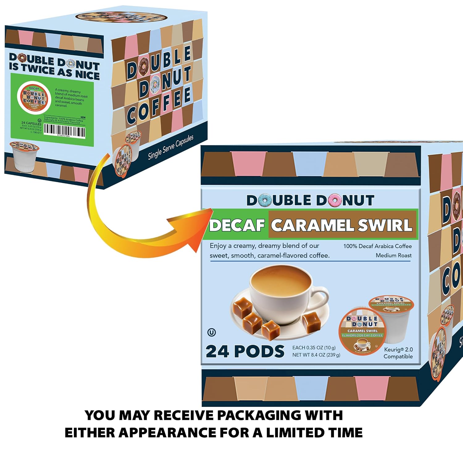 Double Donut Coffee Double Donut Medium Roast Decaf Coffee Pods, Classic, for Keurig K-Cup Machines, 24 Single-Serve Capsules per Box