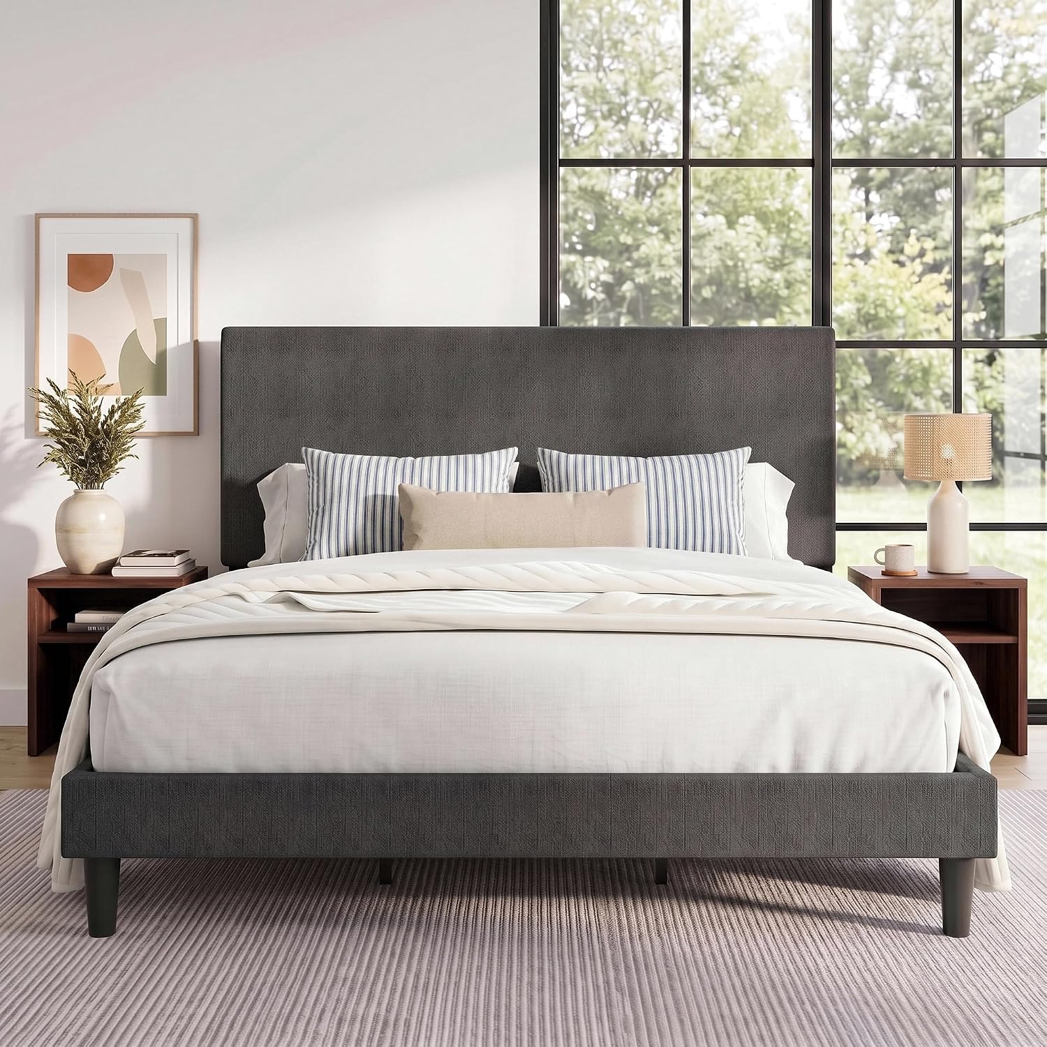 SHA CERLIN Boucle Upholstered Queen Size Bed Frame, White | Platform Bed with Adjustable Headboard, Wooden Slats Support, No Box Spring Needed, Noise-Free, Easy Assembly