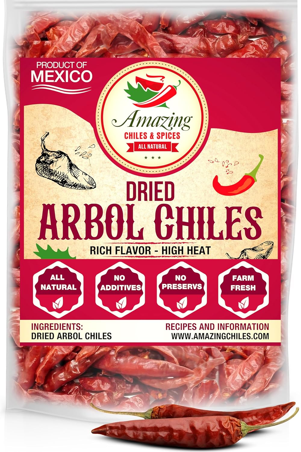 Chile De Arbol 4oz - Dried Whole Red Chili Peppers, Premium All Natural Stemless, Resealable Bag. Use in Mexican, Chinese and Thai Dishes. Spicy Hot Heat Full of Flavor