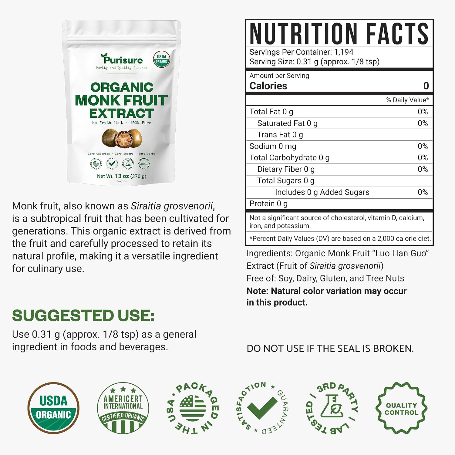 Organic Monk Fruit Extract Powder, 125g (4.4oz), No Fillers Pure USDA Organic Monk Fruit Extract Sweetener with No Aftertaste, Non-GMO, Zero Calorie & Zero Carbs, Keto & Paleo Friendly 403 Servings