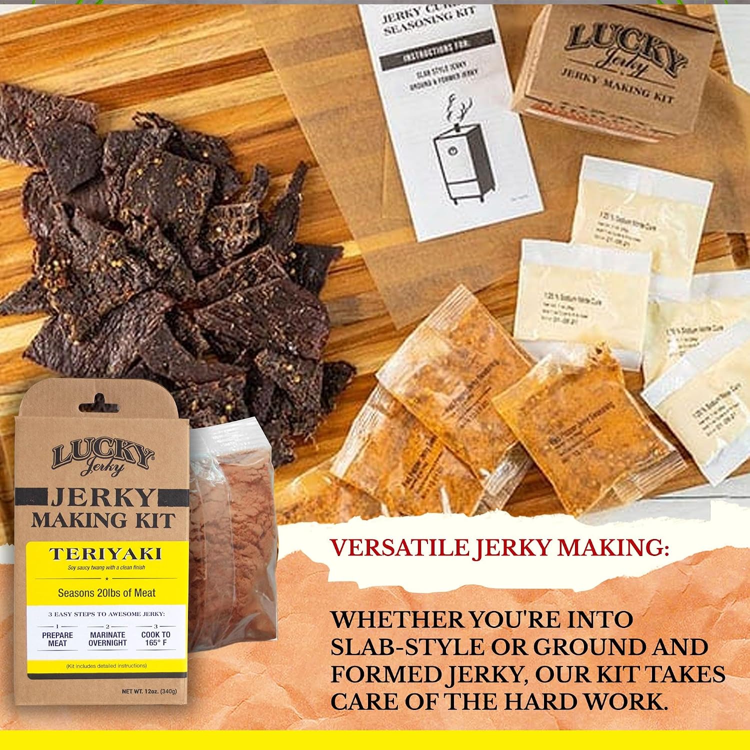 Lucky Jerky Ultimate Savory DIY Beef Jerky Seasoning and Cure Kit, 12 Oz | Make Your Own with Original, BBQ, Teriyaki, and Sweet & Spicy, Seasons 5 lbs per Flavor, 20 lbs Total