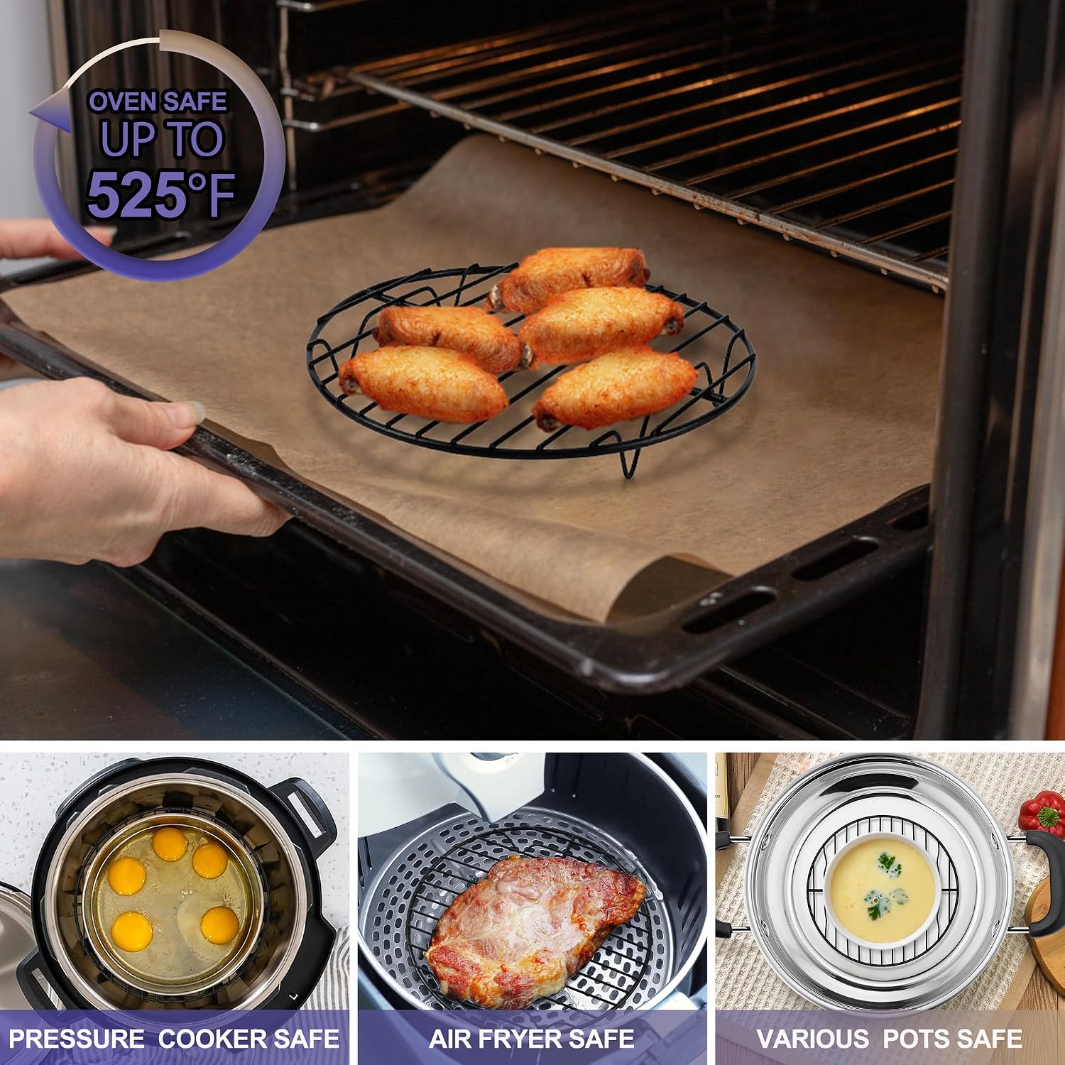P&P CHEF 9 Inch Cooking Rack Round for Steaming Cooling, Silver, 2 Pack