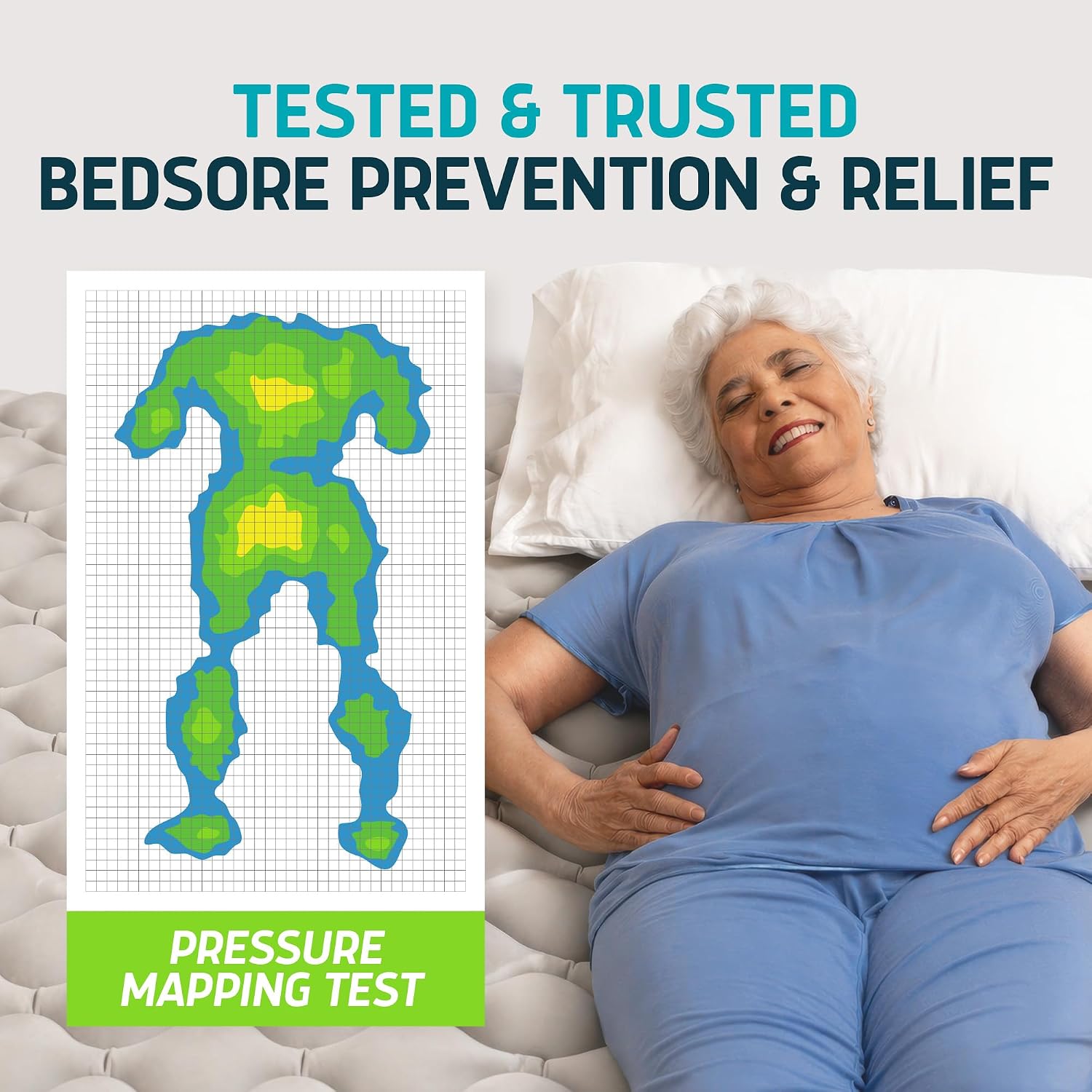 Lunderg PressuRelief Alternating Air Pressure Mattress Pad with Static Mode | With Snap-2-Pad Comfort Layer - Quiet Pump, Comfortable Bed Sore Prevention Mattress Topper for Hospital Bed or Home