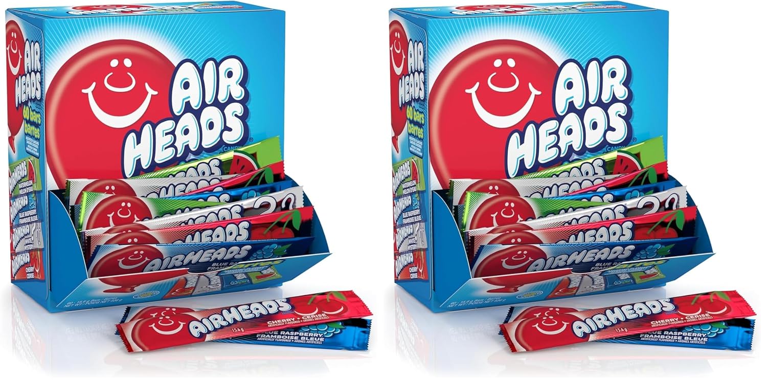 Airheads Full-Size Candy Bars, Assorted Taffy Variety Pack, 60 Count Box | Individually Wrapped Bulk Candy, Six Assorted Fruit Flavors, Artificially Flavored