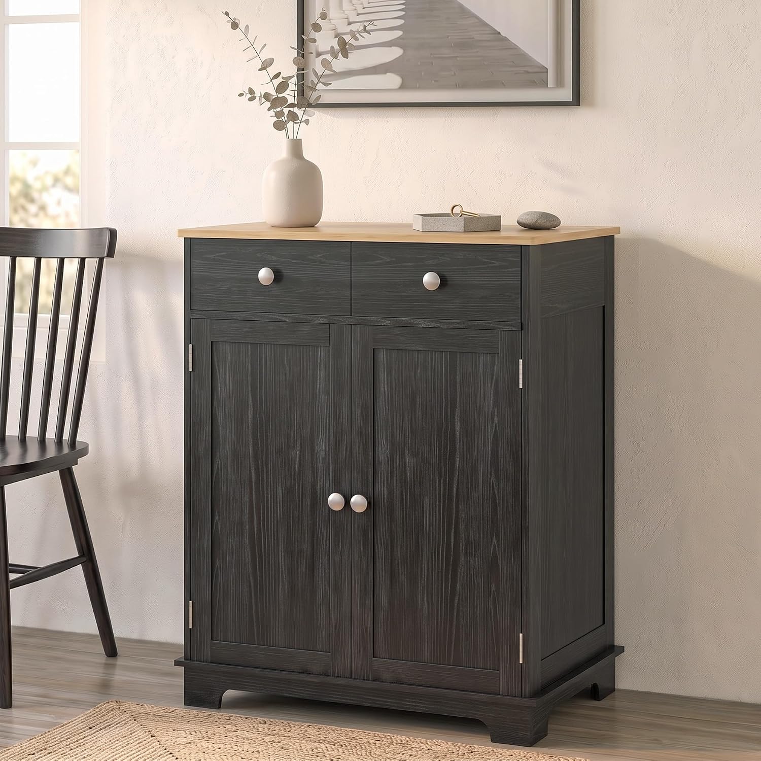 HOMCOM Sideboard Buffet Cabinet Solid Wood Countertop White