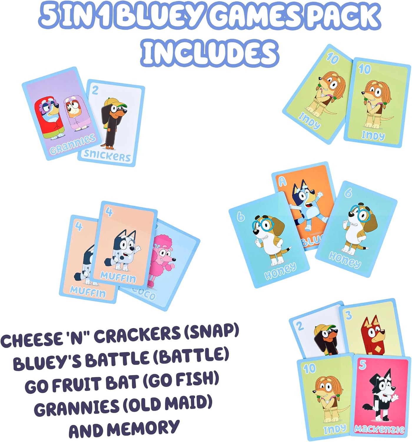 Moose 5-in-1 Bluey Card Game Set, Jumbo-Sized 53-Deck Toddler Game, Multi-Color Interactive Play Card Games for Kids of Ages 3+