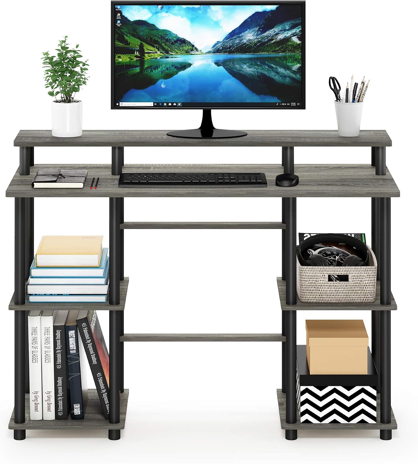 Furinno Turn-N-Tube Computer Desk, French Oak Grey/Black