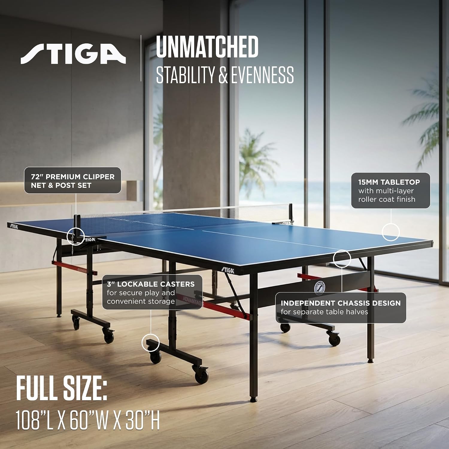 STIGA Advantage Series Indoor Ping Pong Table, Foldable Table Tennis Table - 13, 15, 18, and 25mm Tabletops - Quickplay 10 Minute Assembly - Playback Mode - Recreational- to Tournament-Level