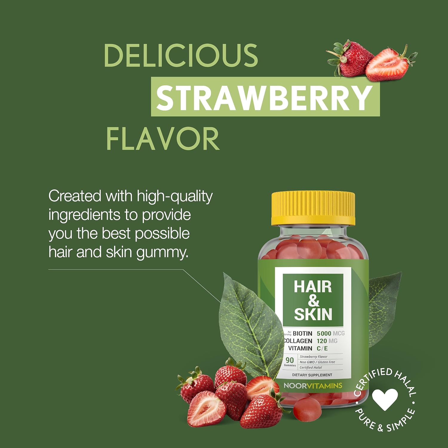 Noor Vitamins Halal Hair Vitamins Biotin, Collagen, Silica, Vitamin C & E Supports Hair, Skin & Nail Health, Natural Strawberry Gummy Vitamins. GMO