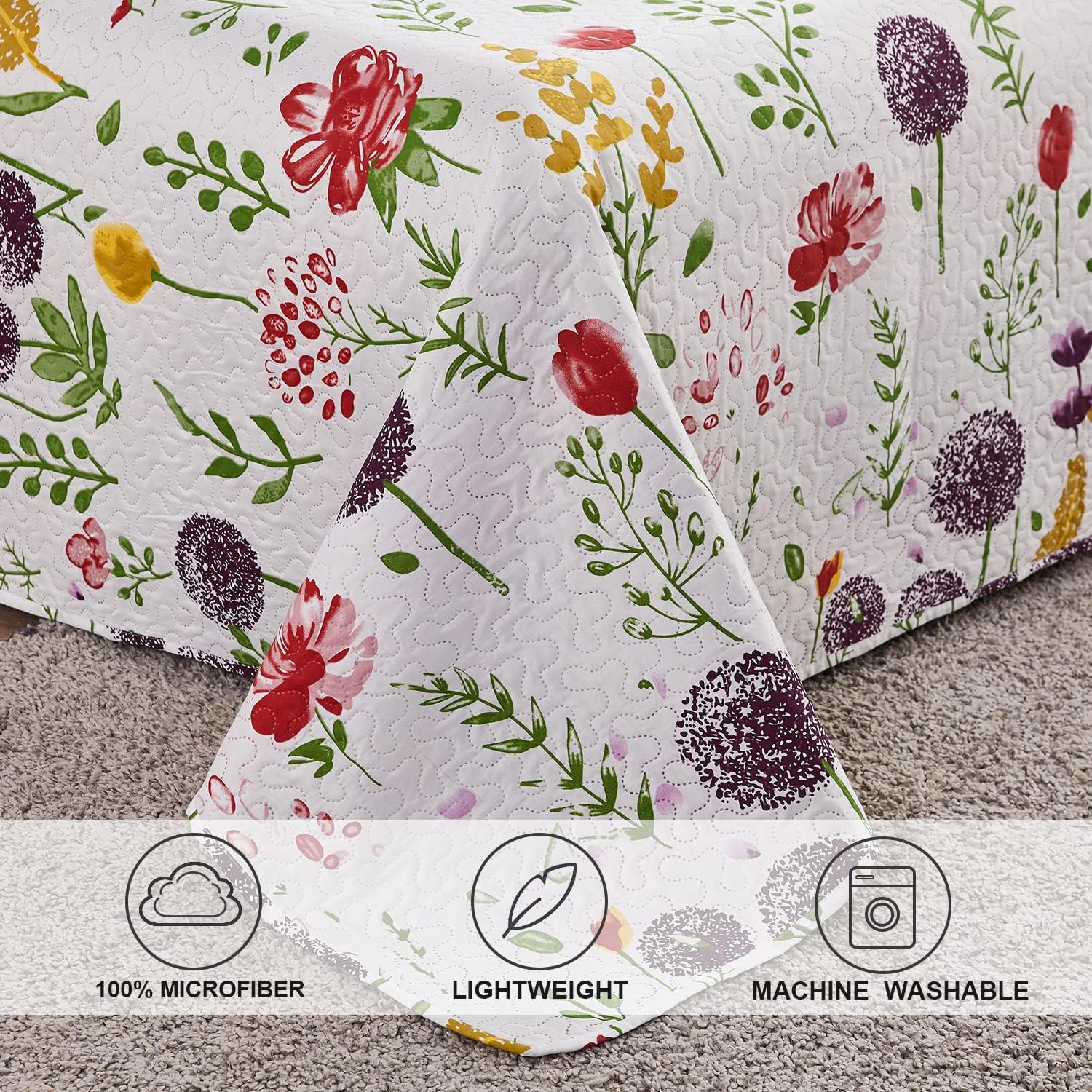 Ycosy Floral Quilt Set Full/Queen Size Reversible Flower Bedspread Queen Summer Lightweight Quilt Bedding Purple Floral Quilts Green Leaves Coverlet