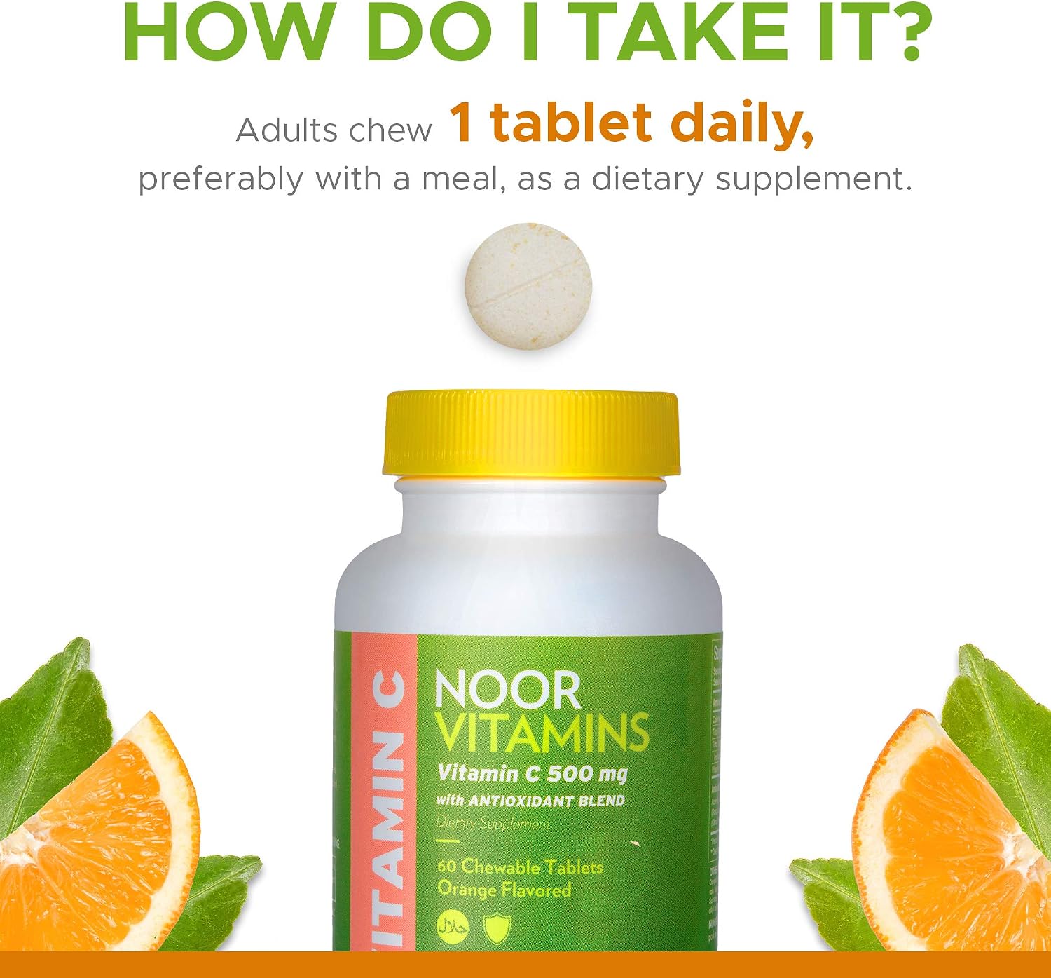 Noor Vitamins 500 MG Halal Vitamin C Chewable Tablets + Rose Hips and Antioxidants I Supports Immune System I Vegan