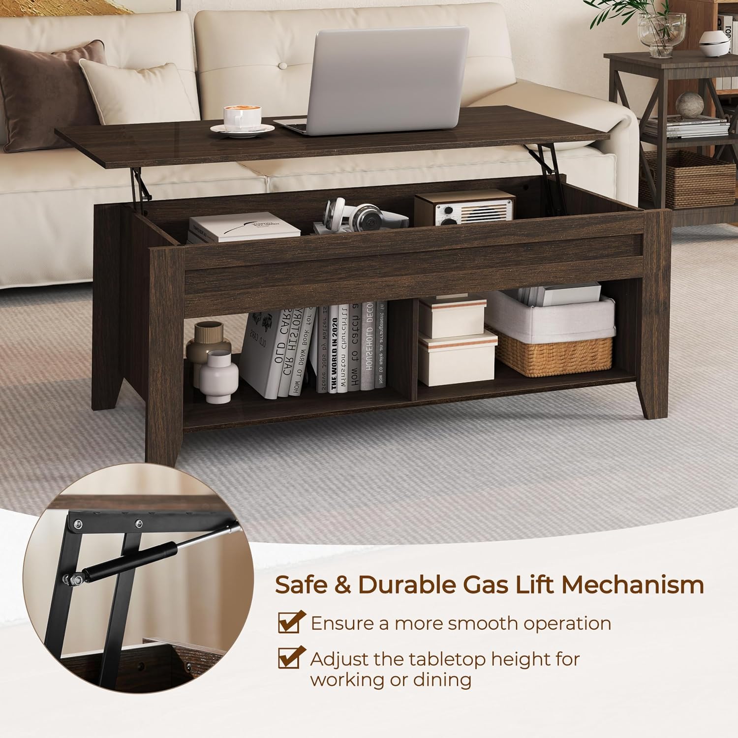 Yaheetech Lift Top Coffee Table with Hidden Storage Compartment Gray 47.5in