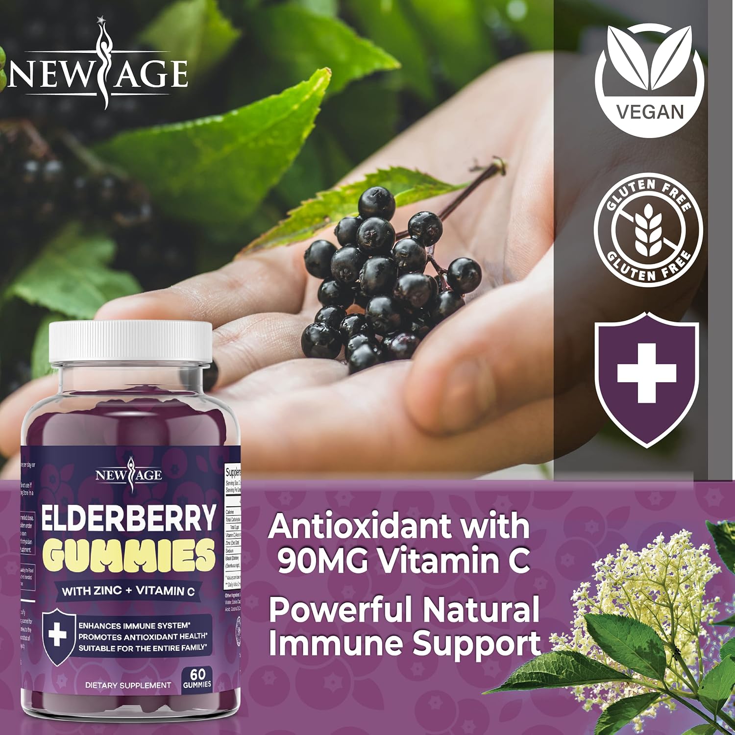 NEW AGE (2-Pack) Premium Elderberry Gummies for Adults Kids with Vitamin C, Zinc