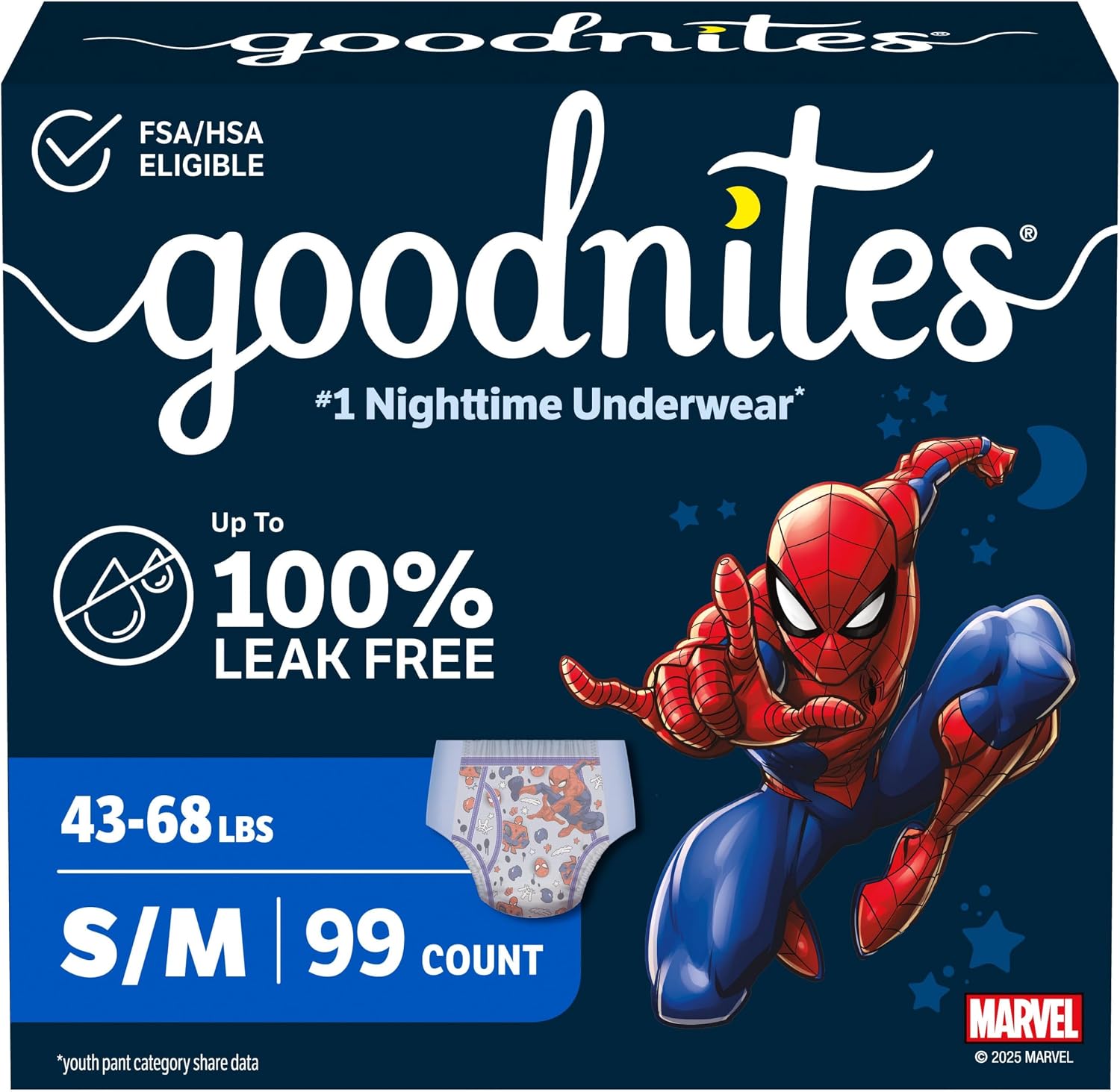 Goodnites Boys' Nighttime Bedwetting Underwear, Size S/M (43-68 lbs), 44 Ct (2 Packs of 22), Packaging May Vary