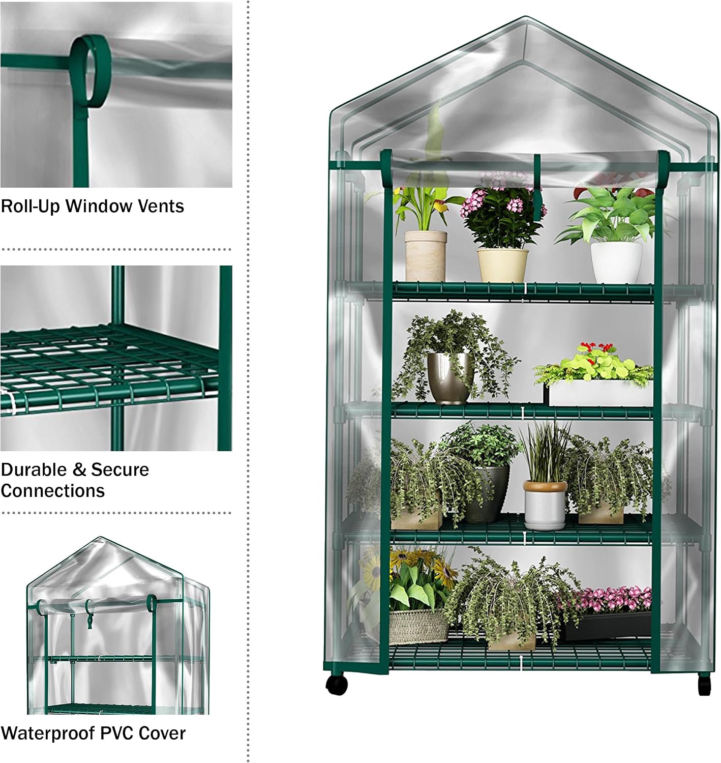 4 Tier Mini Greenhouse - Portable Greenhouse with Locking Wheels and PVC Cover for Indoor or Outdoor Green House by Pure Garden