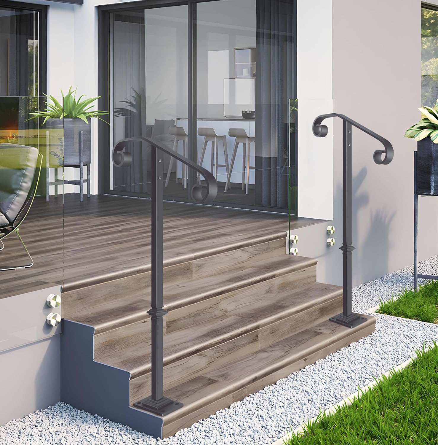 Wrought Iron Handrail 38.8" H, Single Post Handrail Fits 1 or 2 Steps