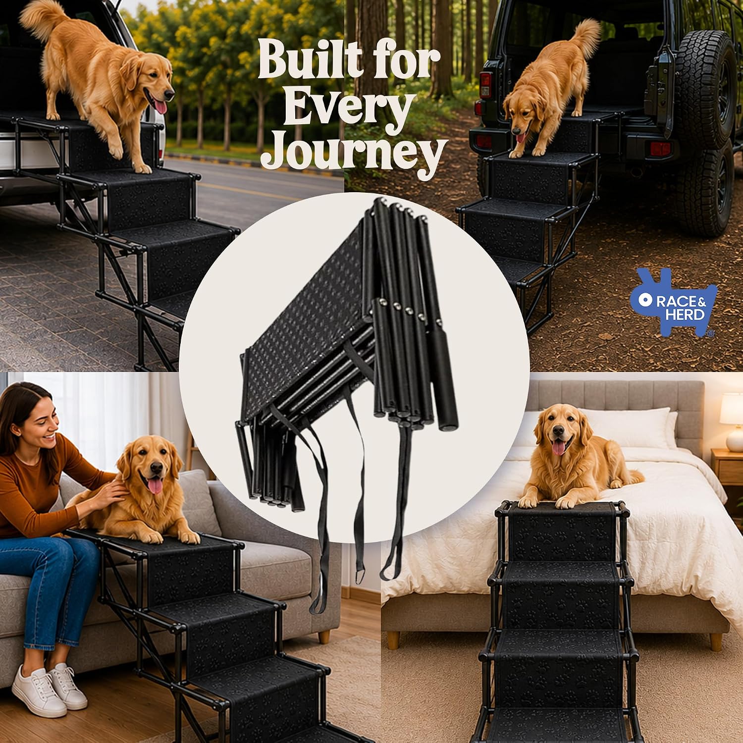 Race&Herd 18.5" Stairs for Dogs to Get in Car — Folding Dog Steps (Onyx) | Dog Stairs for Large Dogs
