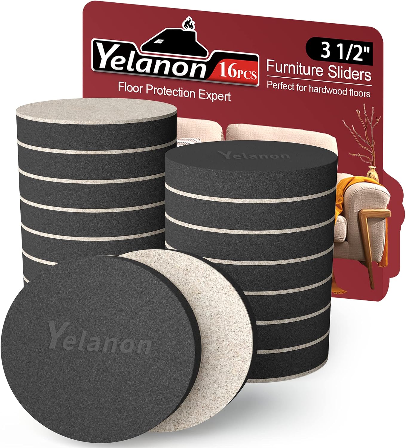 Yelanon Felt Furniture Sliders 20 Pcs 3.5" Round for Hardwood & Tile