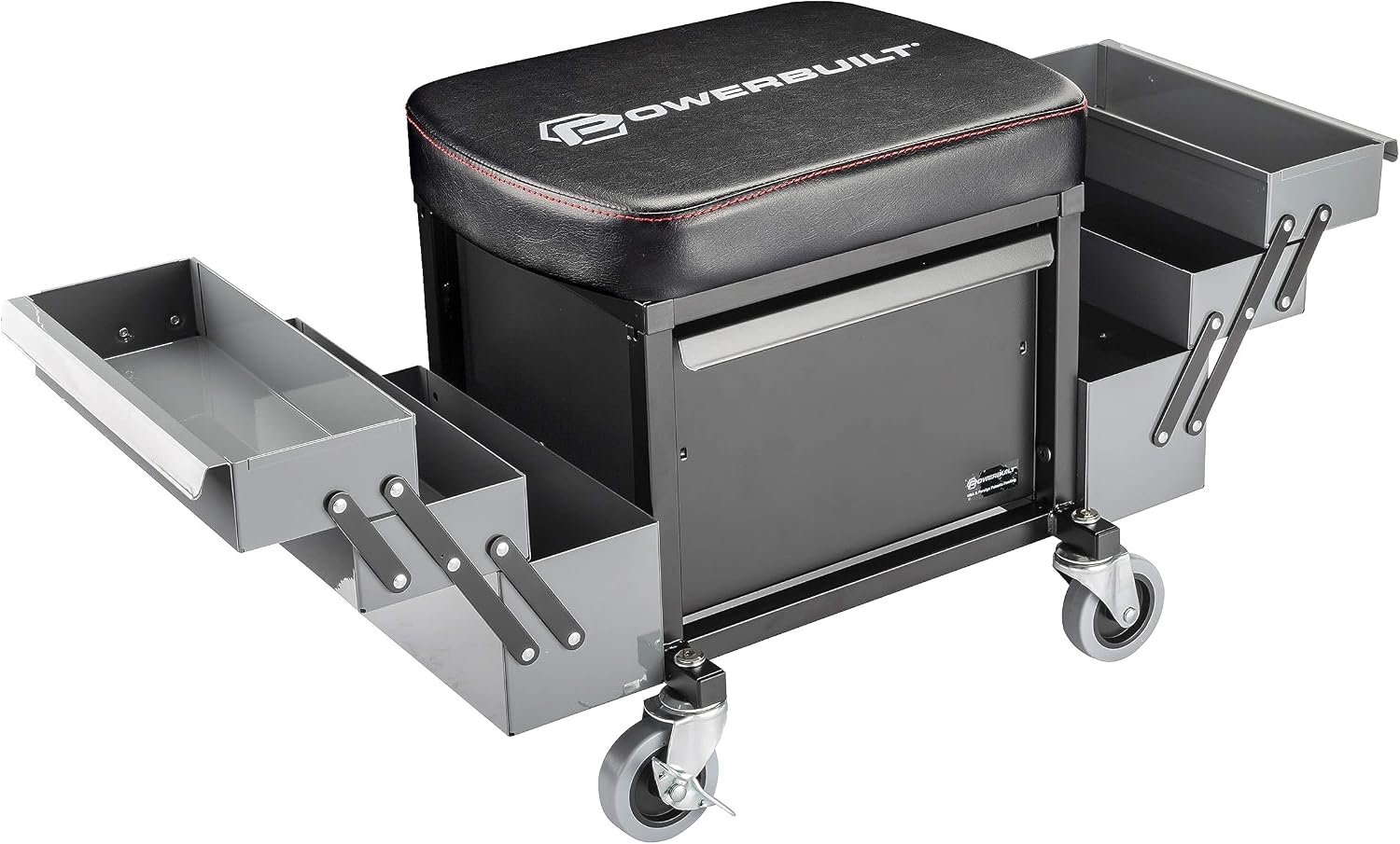 Powerbuilt 42-Inch Triplex Folding Creeper, Rolling Seat, and Brake Stool, All-in-One Adjustable Roller Garage Chair, Lay Down or Sit, Black 620469
