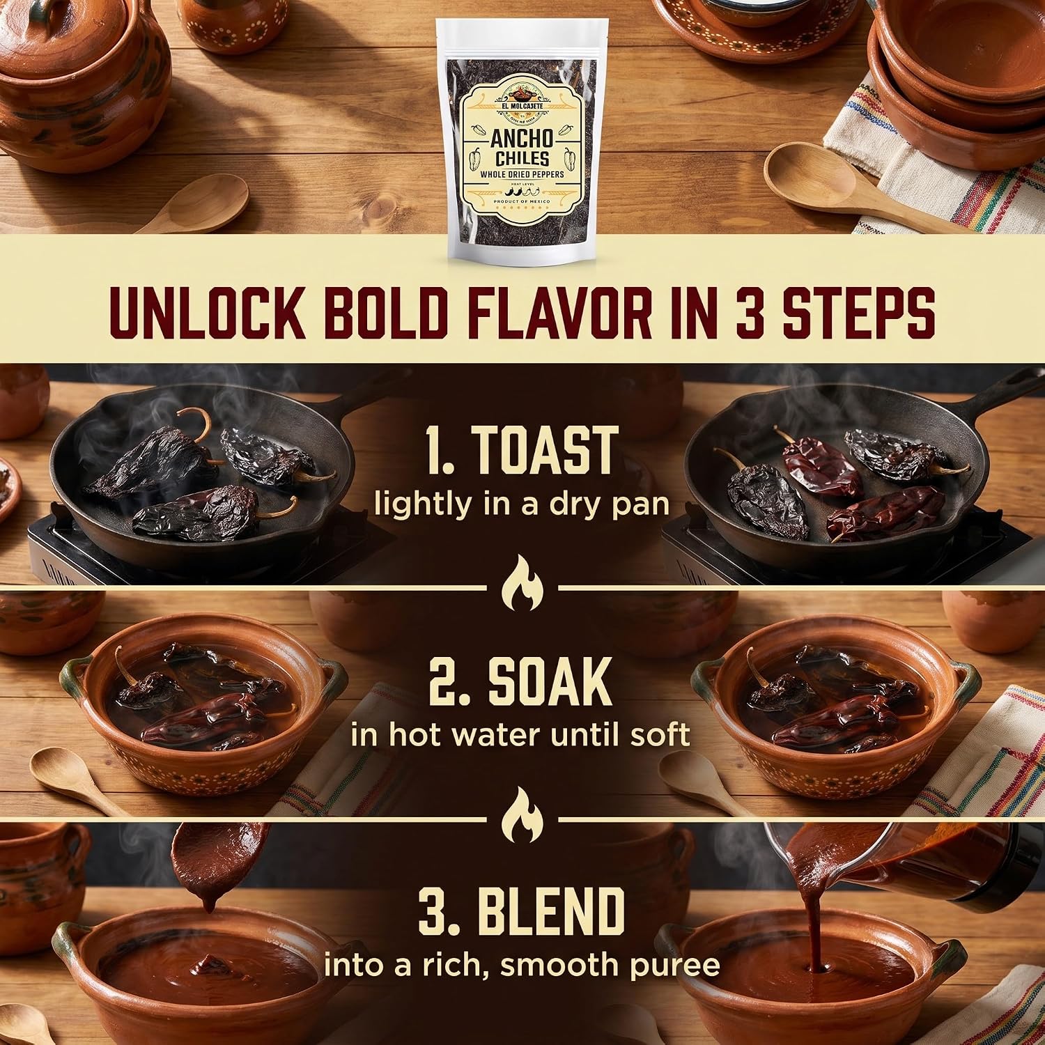 Dried Chile Peppers Variety 3x4oz Ancho Guajillo Pasilla Mexican Chili | Ancho: sweet smoky. Guajillo: fruity. Pasilla: earthy tangy. Whole pods for